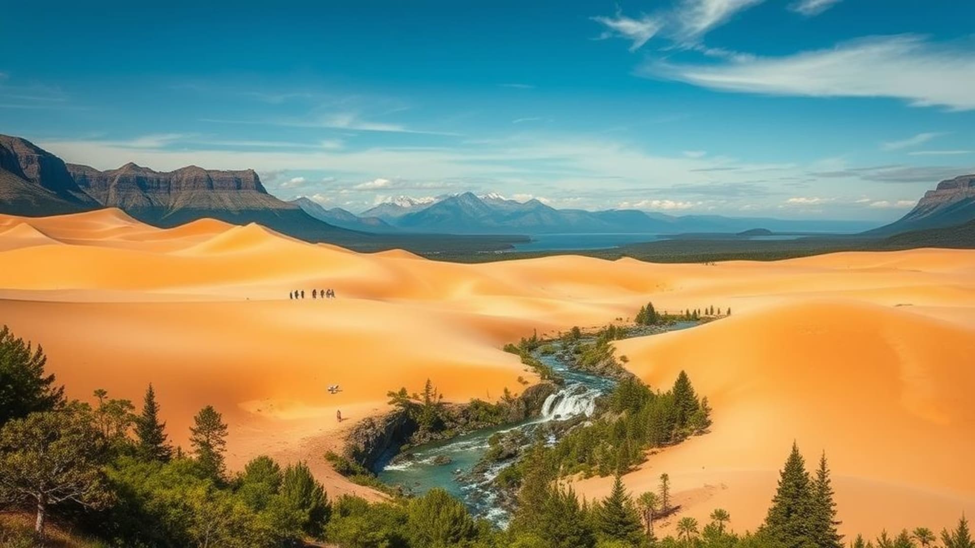 déserts paisibles avec dunes sculptées par le vent, aurore boréale au-dessus de fjords norvégiens, cascades luxuriantes dans la jungle profonde