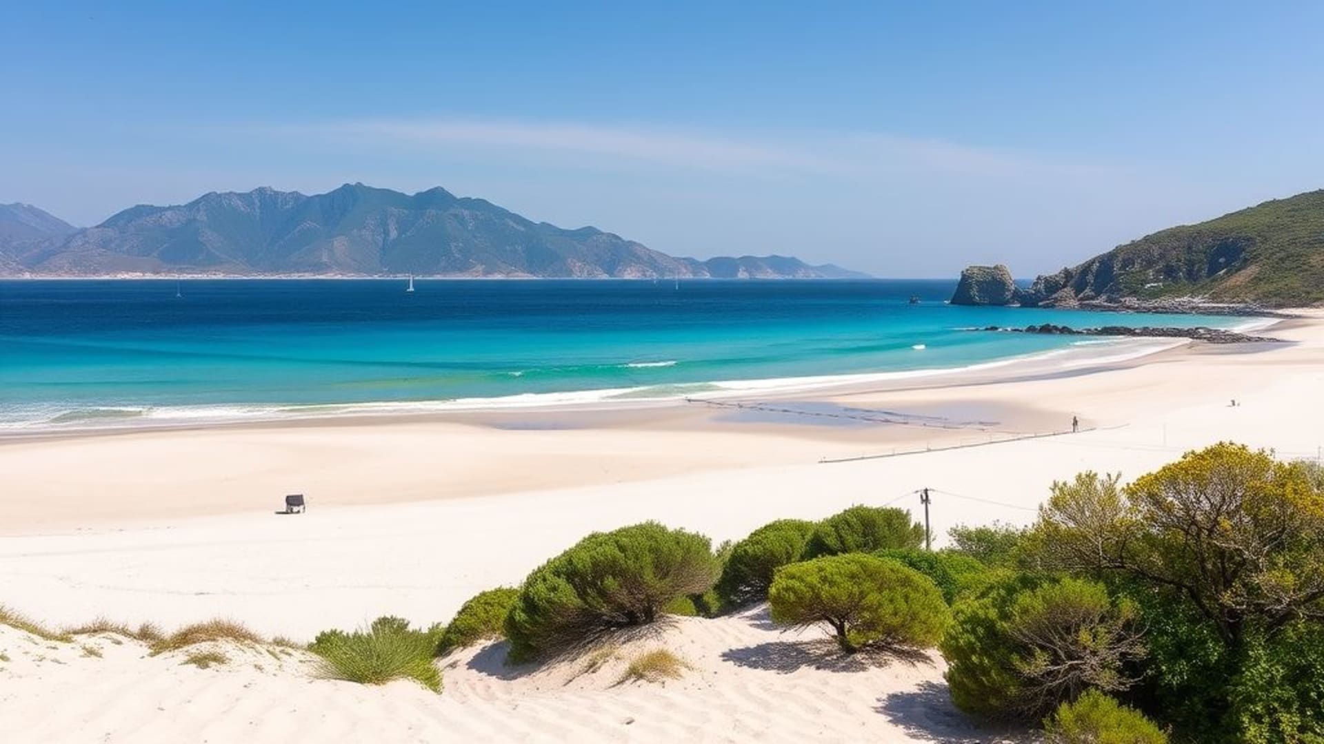 plages isolées avec sable blanc et eaux turquoise cristallines, montagnes rocheuses érodées par le temps, jardins zen dans la brise légère