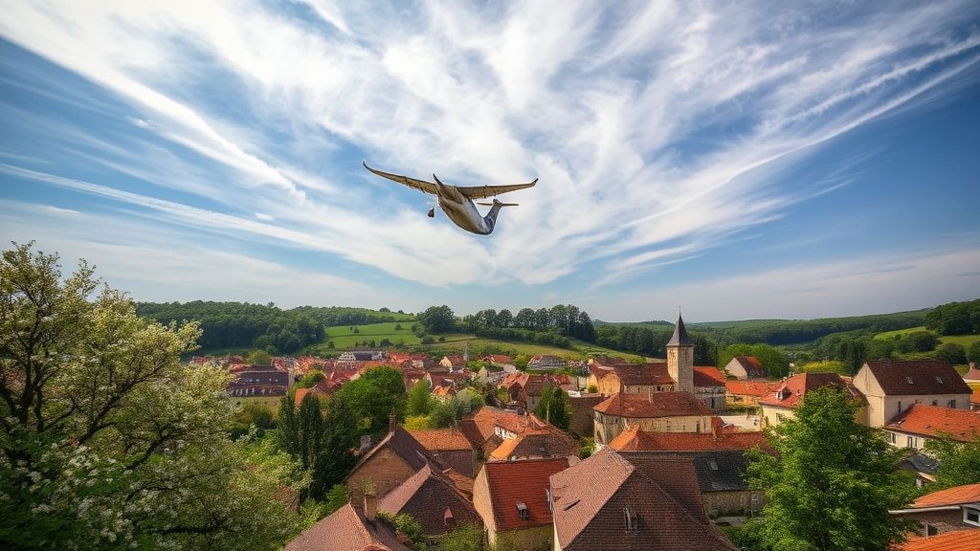 ciel étoilé avec voie lactée visible à l’œil nu, paysages de cerisiers en fleur au printemps, villages médiévaux avec ruelles pavées et maisons en pierre