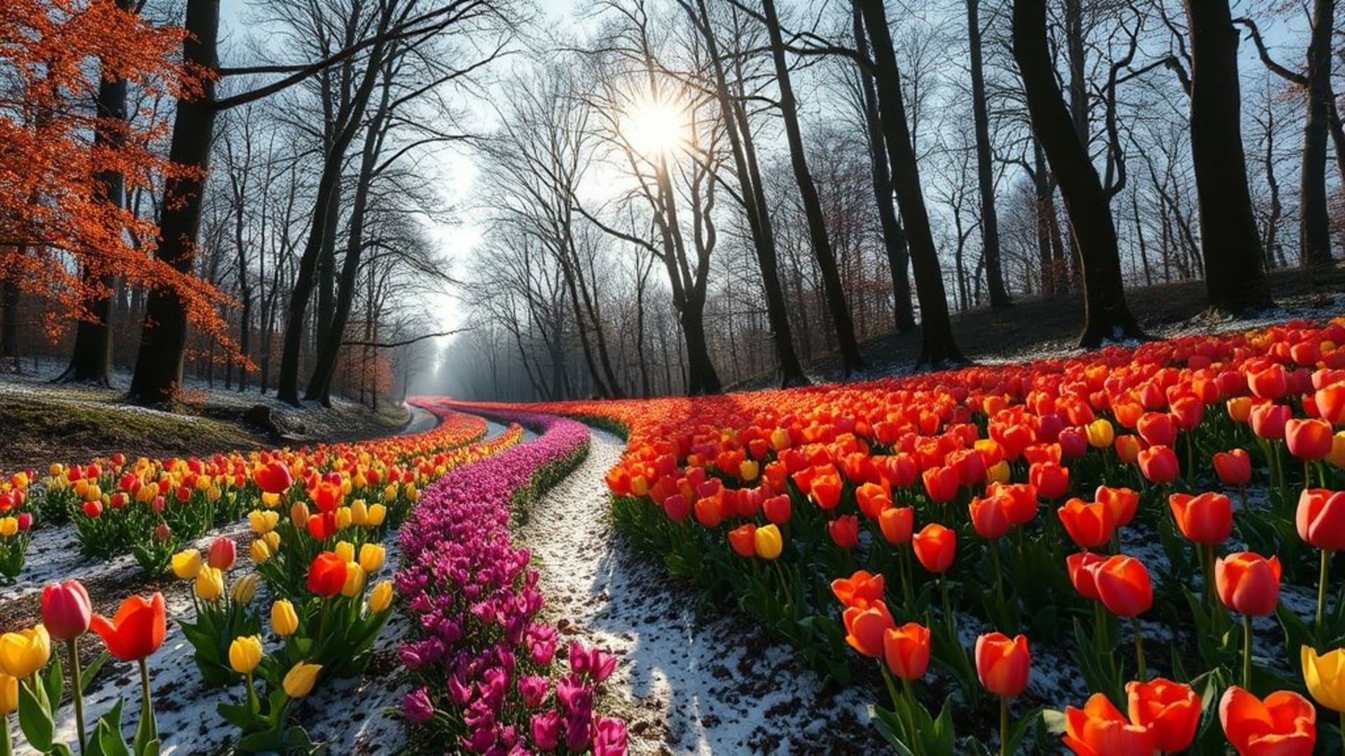 champs de tulipes colorées au printemps en Hollande, forêts de sapins enneigés sous ciel d’hiver, ruines antiques au coucher du soleil