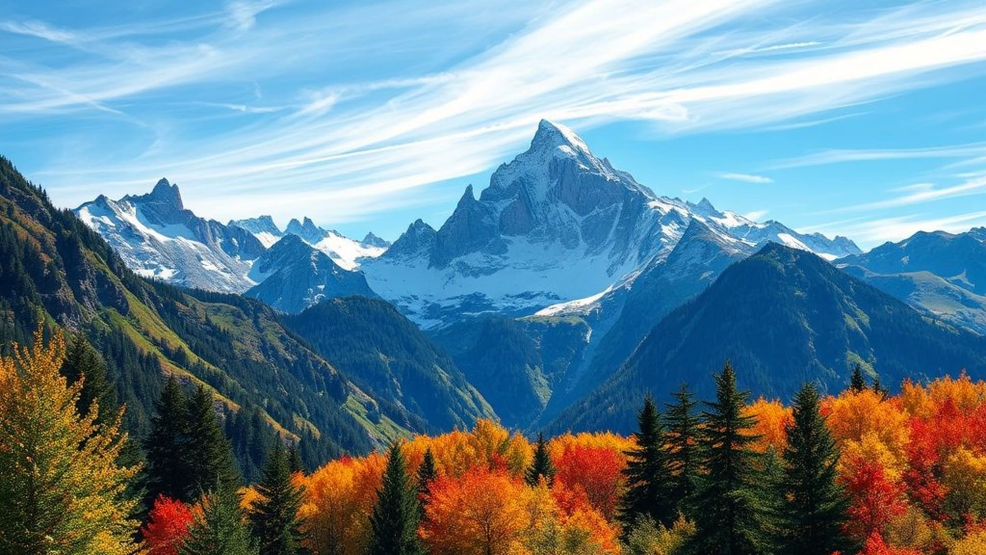 art abstrait aux couleurs vives et formes géométriques , montagnes majestueuses enneigées sous un ciel clair