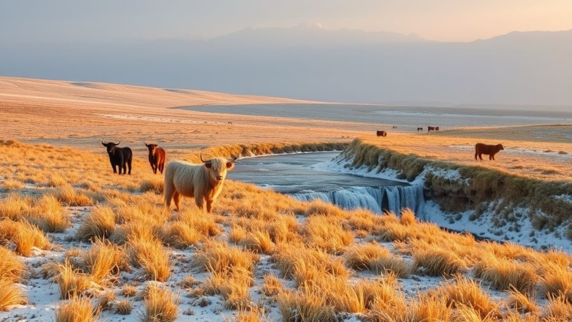 prairies verdoyantes avec chevaux sauvages galopant, aurores polaires illuminant la neige, cascades gelées en hiver brillant sous la lumière du matin