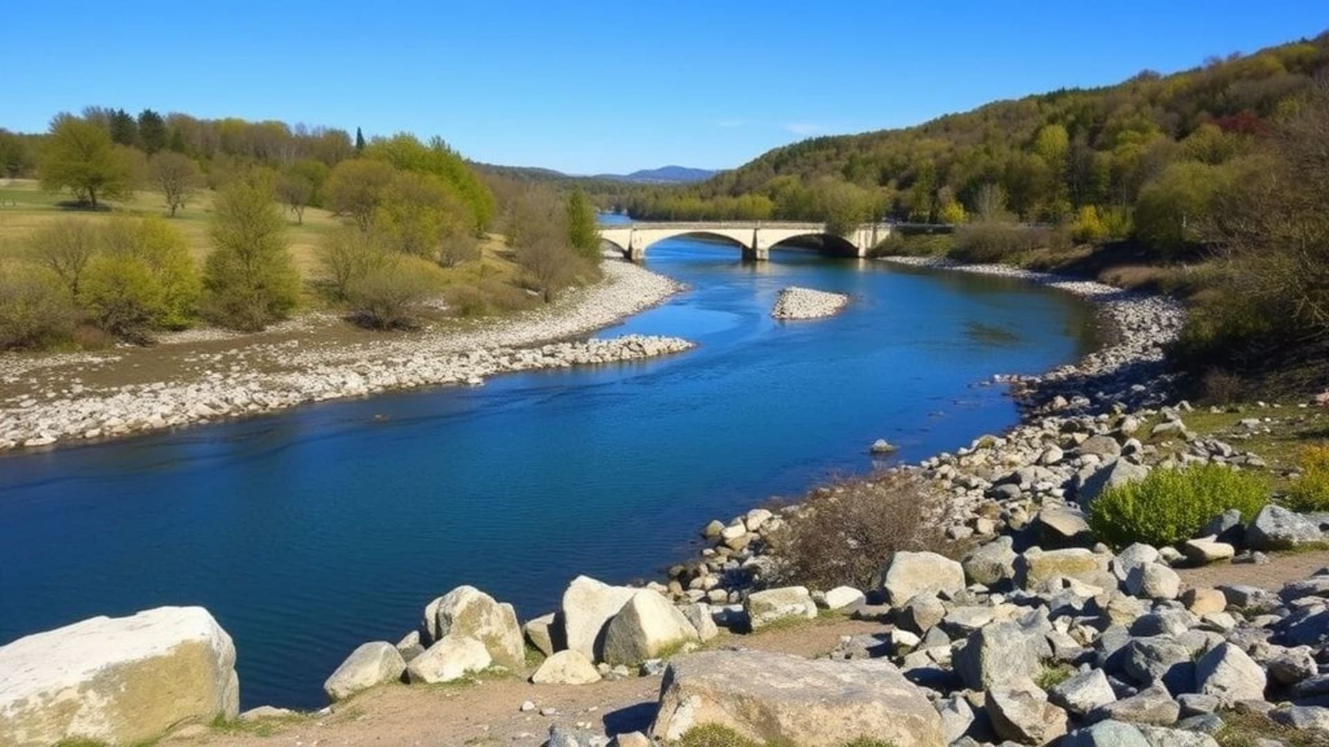 vieux pont en pierre traversant une rivière calme, plages rocheuses isolées avec falaises escarpées, champs de tournesols en plein été sous un ciel bleu