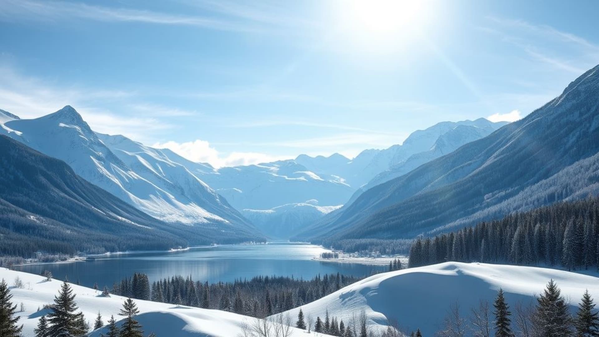 massifs alpins avec glaciers majestueux, lacs miroir reflétant un ciel orageux, forêts de conifères enneigés en hiver, dunes dorées sous un ciel bleu éclatant