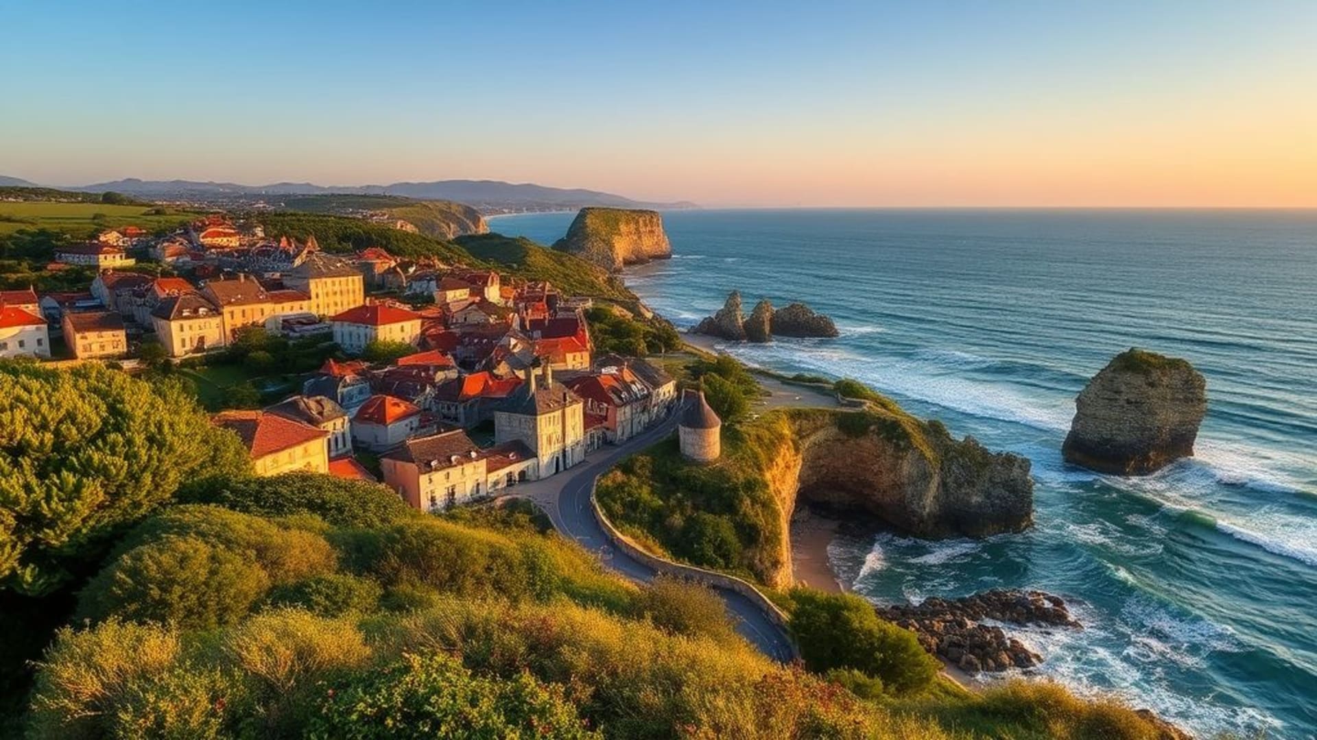 champs de coton en plantations à l’aube, villages côtiers pittoresques avec bateaux colorés, falaises abruptes surplombant la mer agitée.