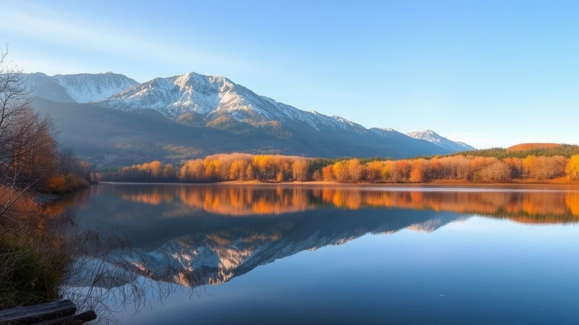 pics montagneux brumeux en automne, reflets de lac calmes en matinée