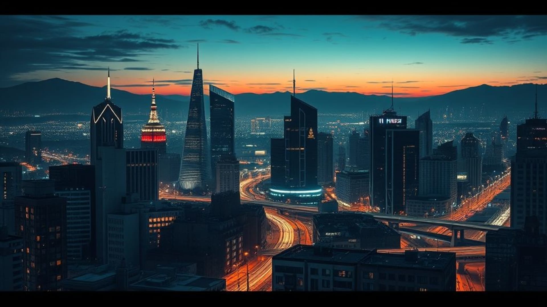 paysages urbains futuristes néons la nuit, art numérique abstrait urbain minimaliste