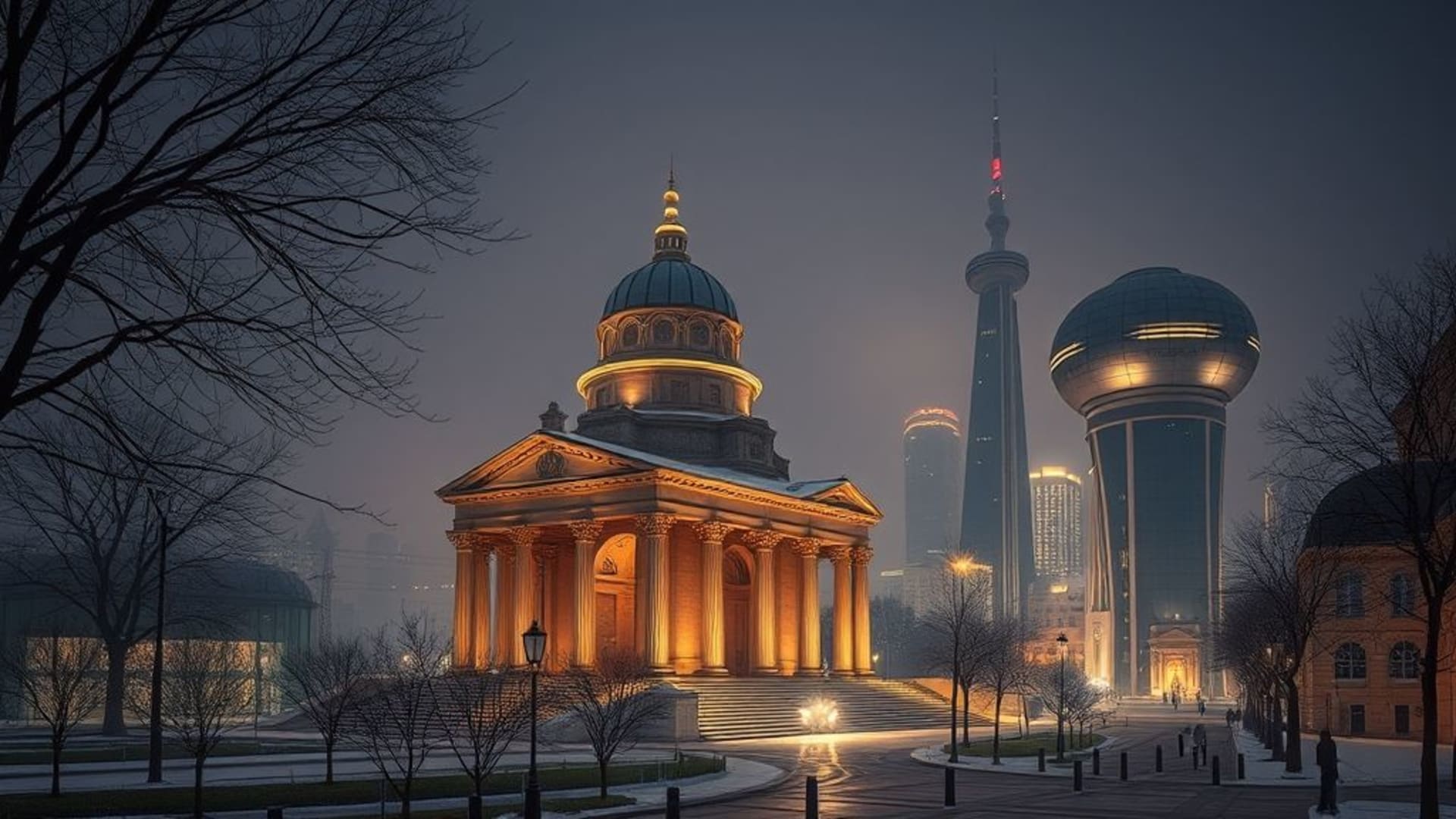 temples anciens au matin brumeux, architectures futuristes en ville la nuit