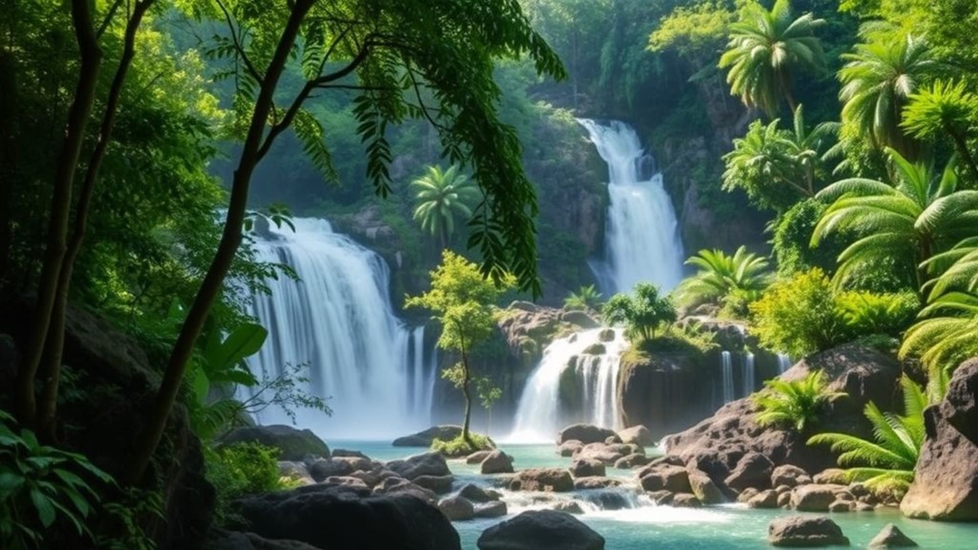 forêts de bambous vert éclatant, cascades rocheuses dans forêt tropicale