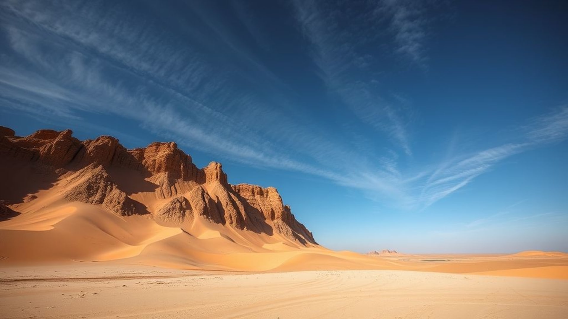 désert avec dunes ondulantes sous ciel étoilé, oasis verdoyante en plein milieu