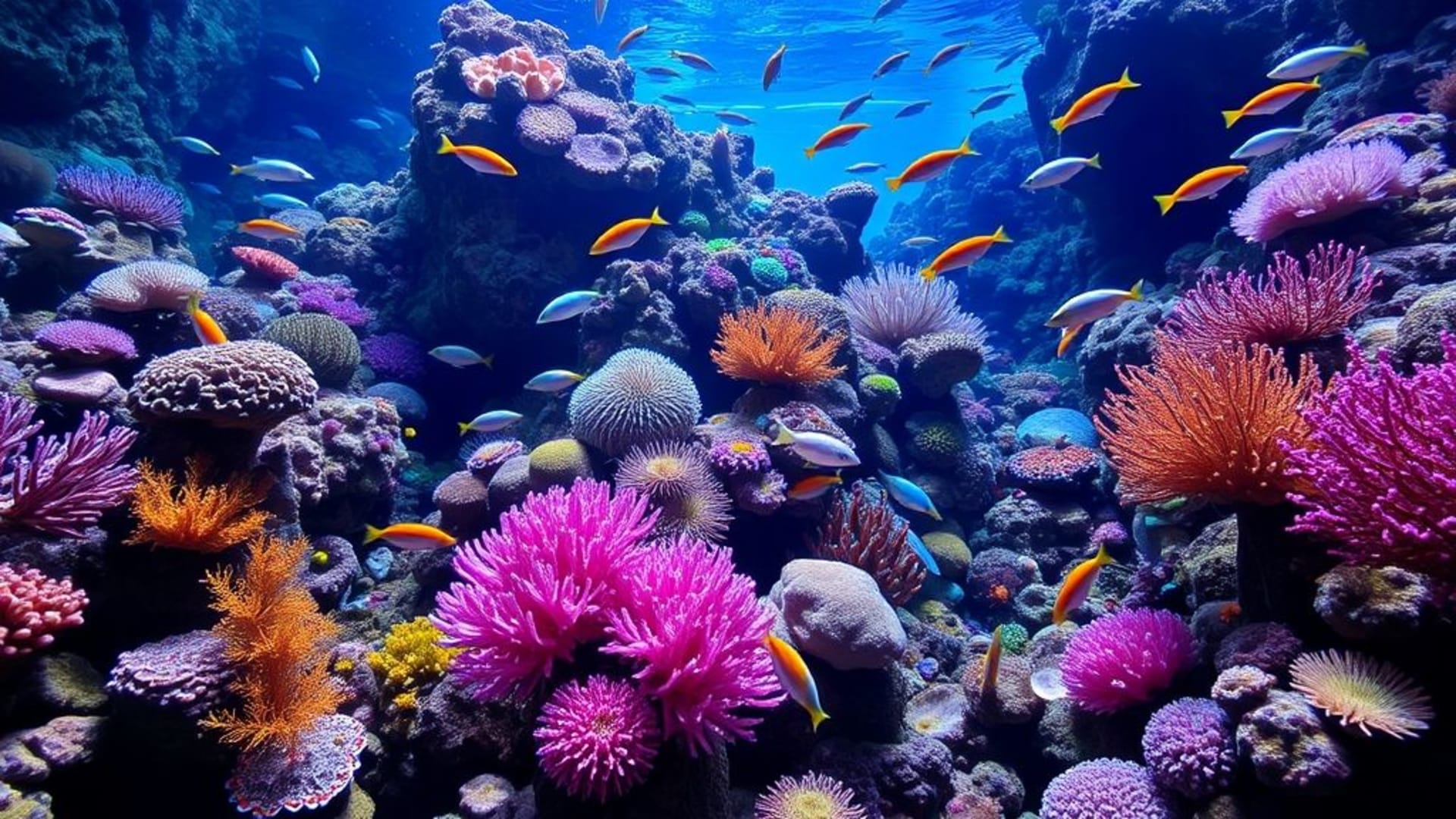 galeries sous-marines avec récifs coralliens colorés, poissons exotiques nageant