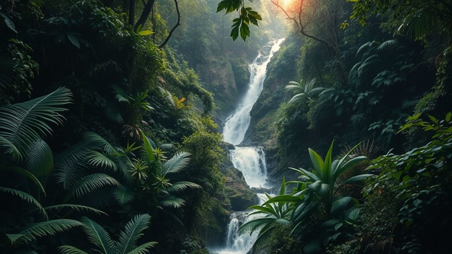 jungle dense avec chemins en terre, cascades cachées et faune diversifiée