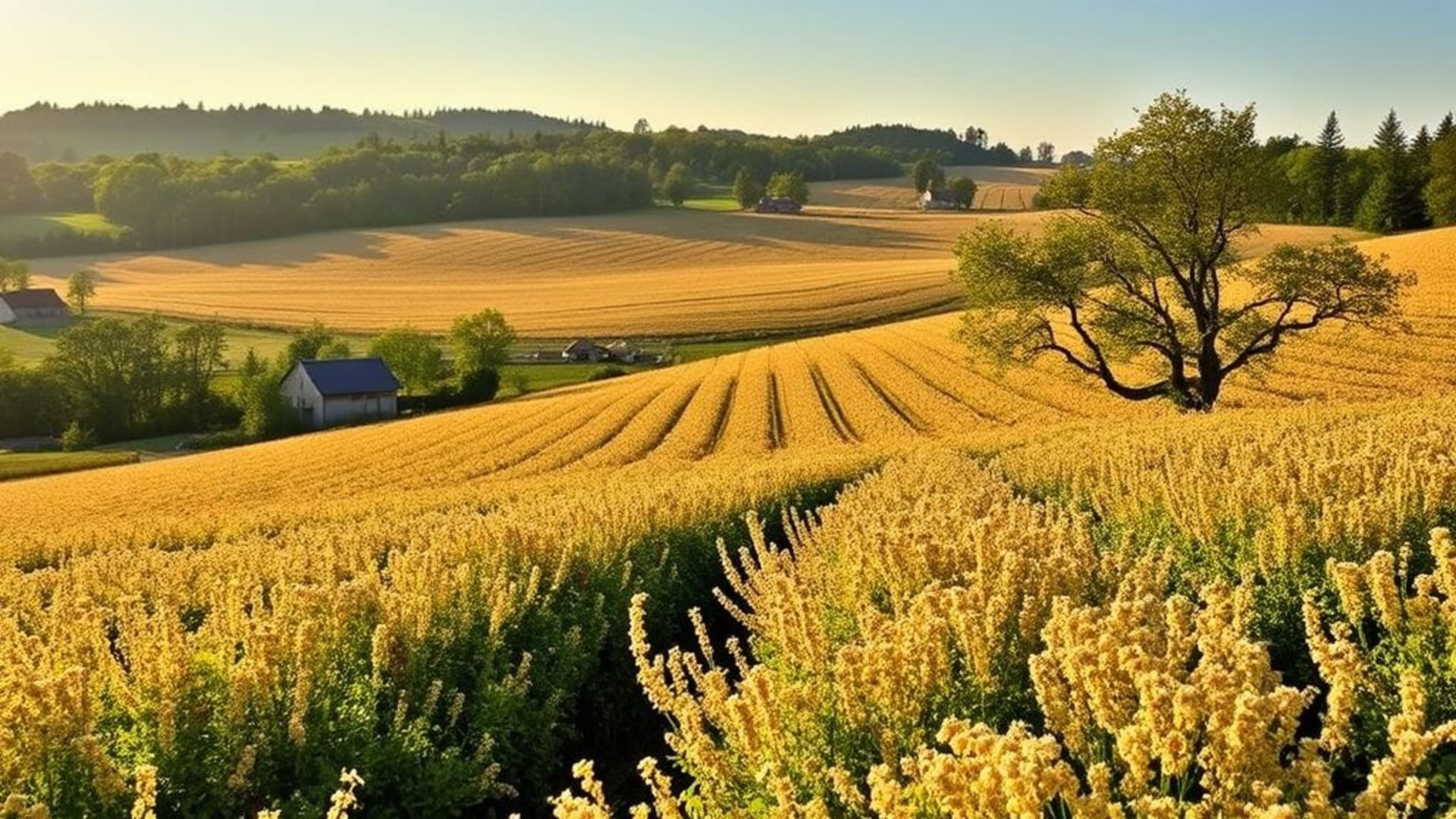champs de blé dorés au vent, fermes traditionnelles ensoleillées