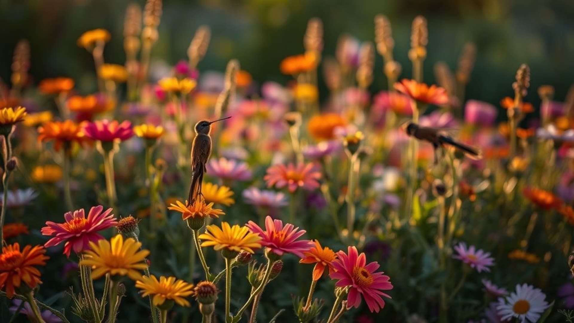 fleurs sauvages colorées sous lumière dorée, prairies vastes en été