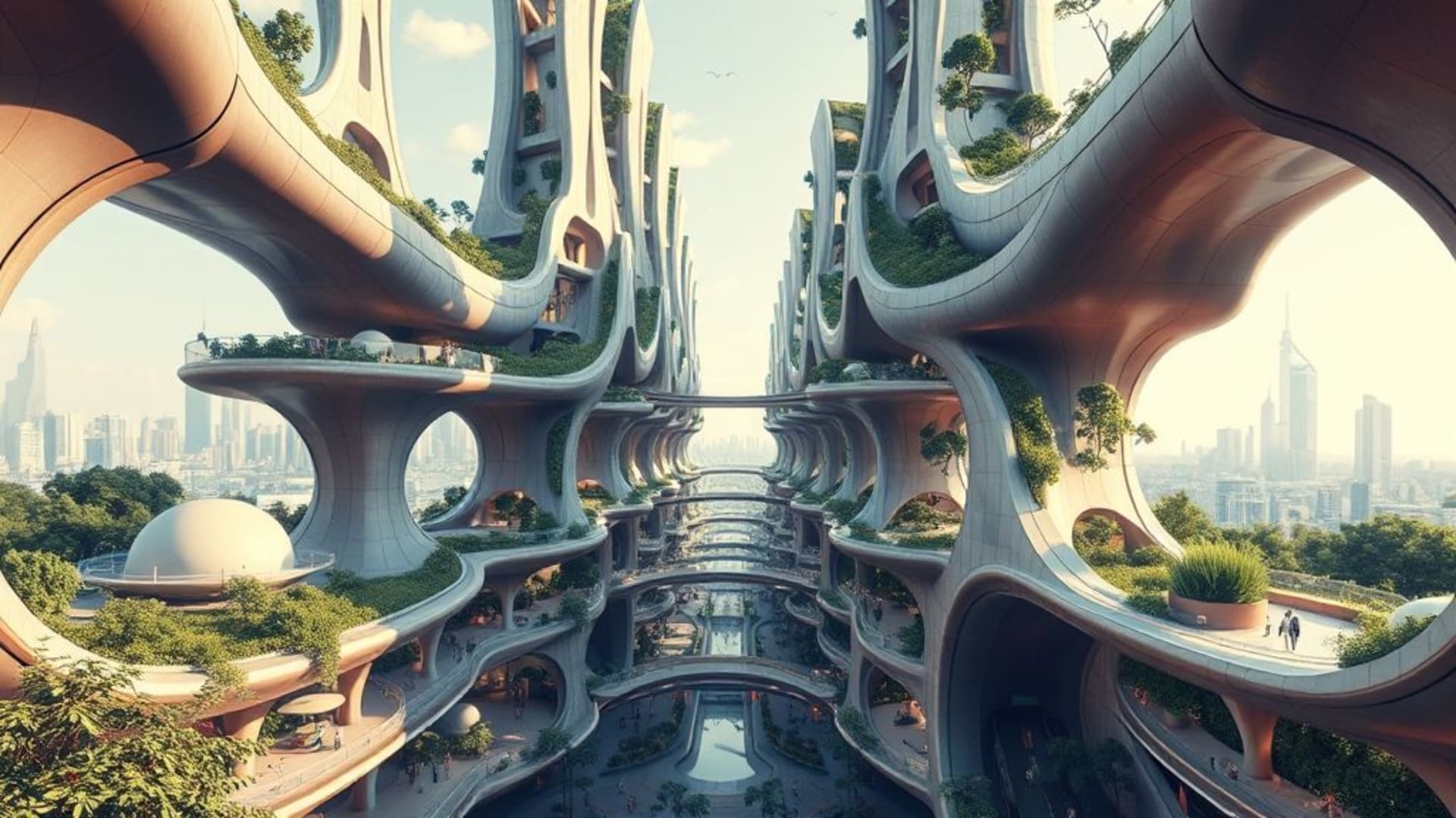 villes futuristes avec design organique, espaces verts intégrés verticalement