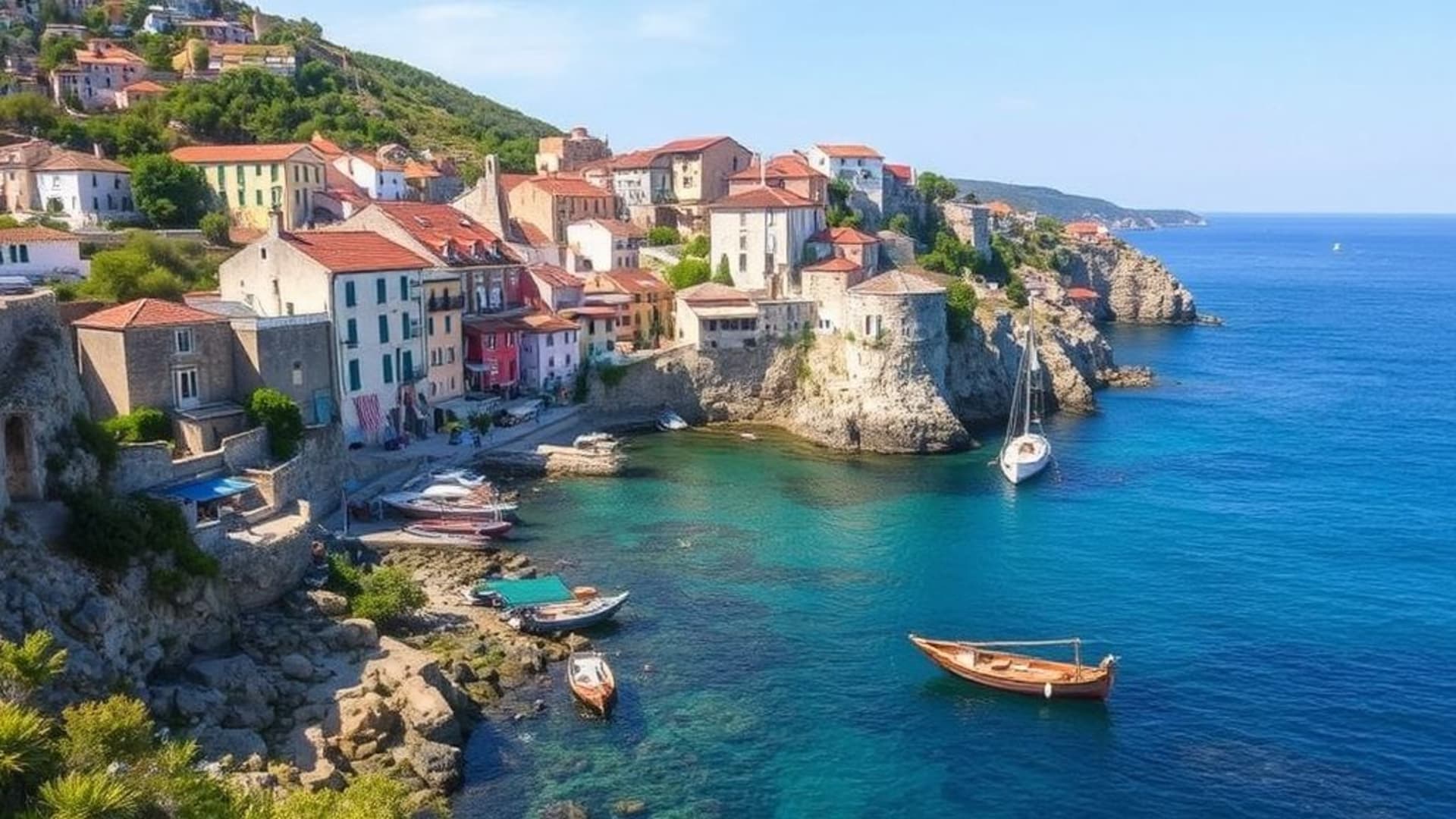 villages perchés sur falaises, bateaux traditionnels en mer calme