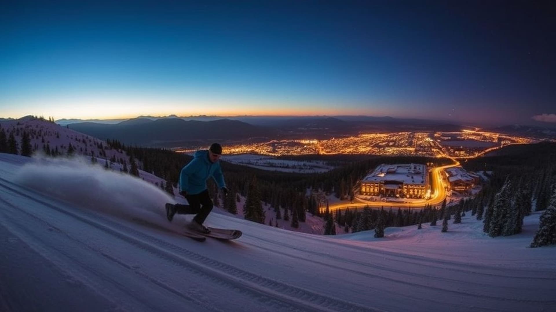 scènes de sports extrêmes comme le ski ou le surf , photographies nocturnes de villes illuminées