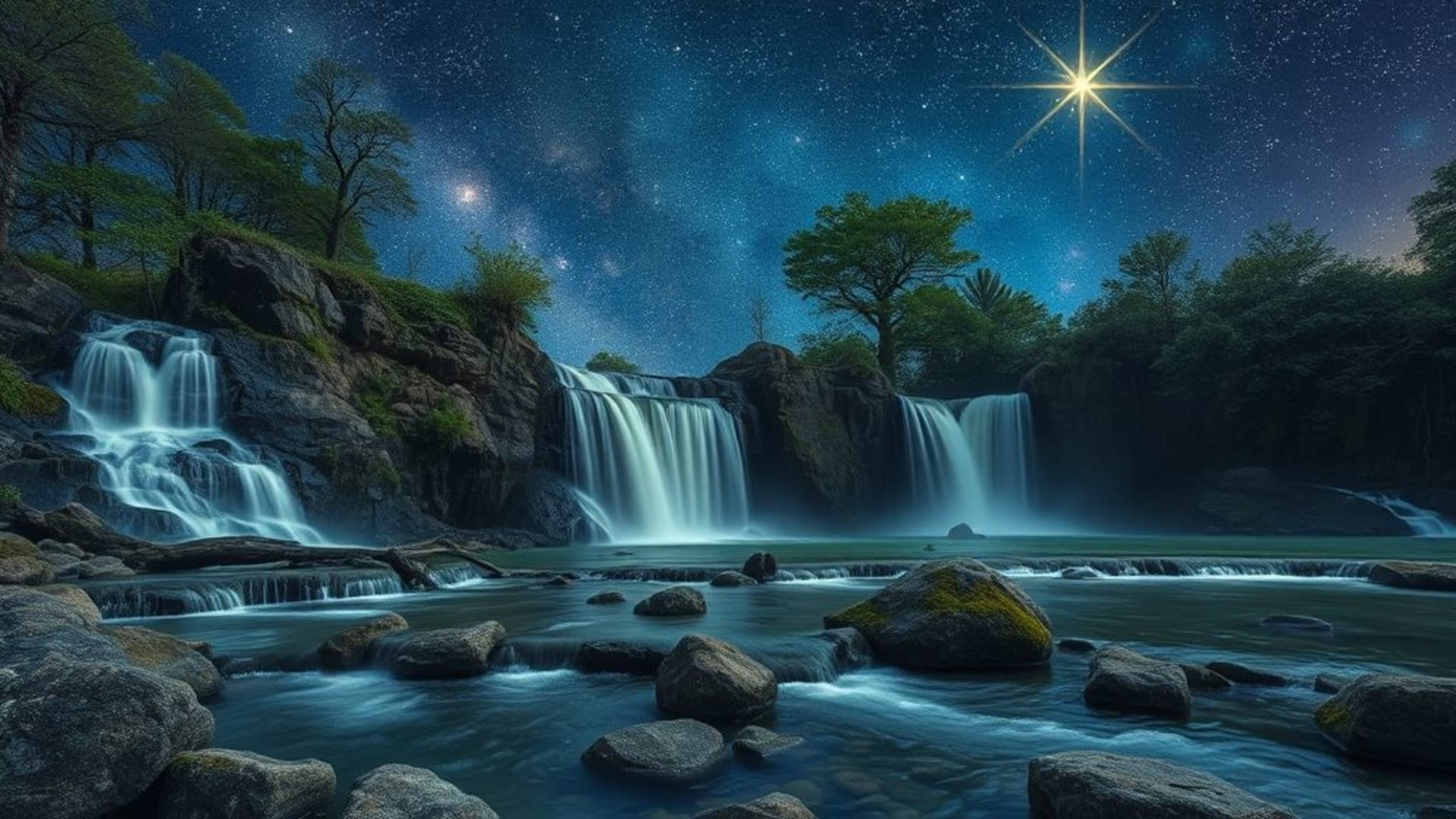 nature sauvage avec cascades et ruisseaux , motifs de mandalas et de simboles zen , corps célestes et étoiles filantes dans le ciel nocturne
