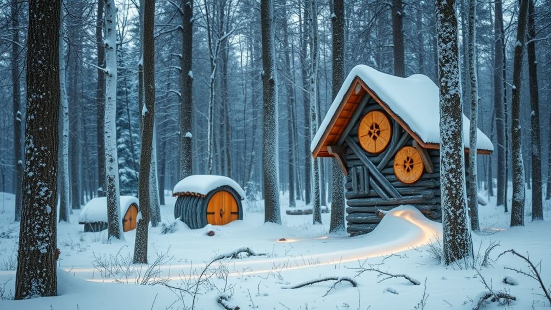 buches de bois en hiver avec empreintes de pas