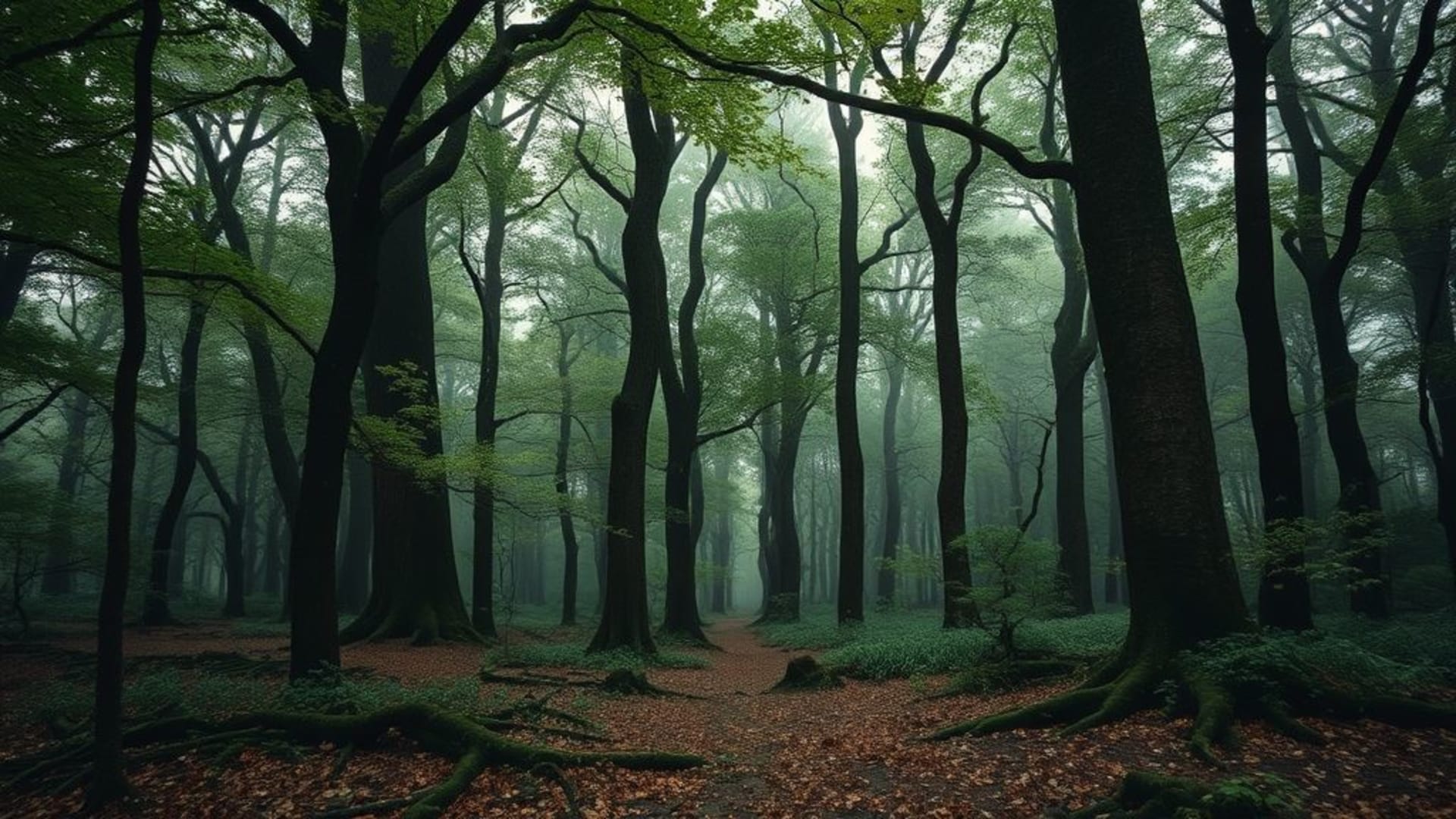 forêts mystérieuses avec brouillard dense et arbres anciens