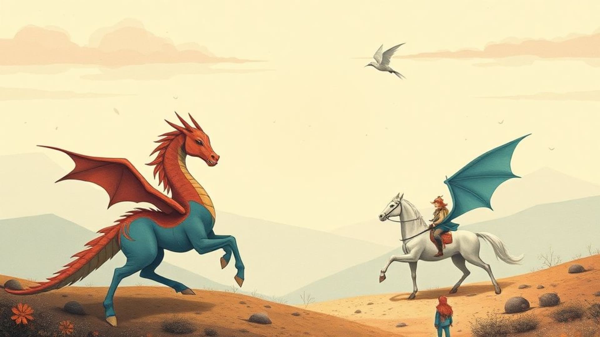 illustrations de fantasy avec dragons et chevaliers , œuvres d'art minimalistes avec couleurs pastel