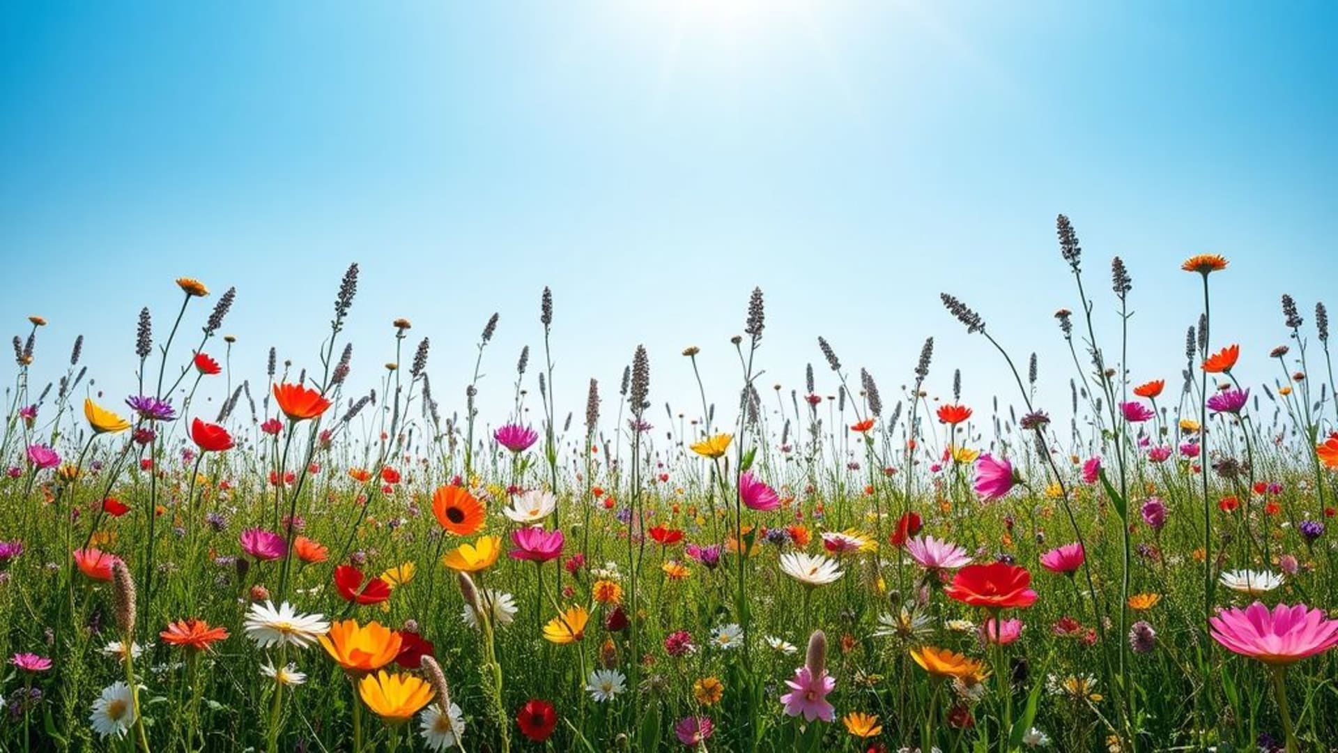 champs de fleurs sauvages multicolores sous un ciel bleu brillant