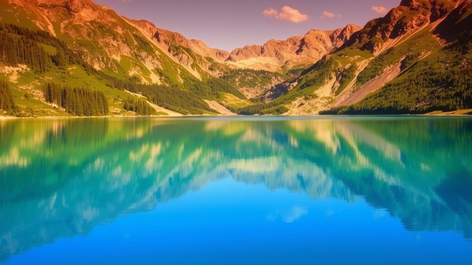 lacs calmes entourés de montagnes enneigées au coucher du soleil