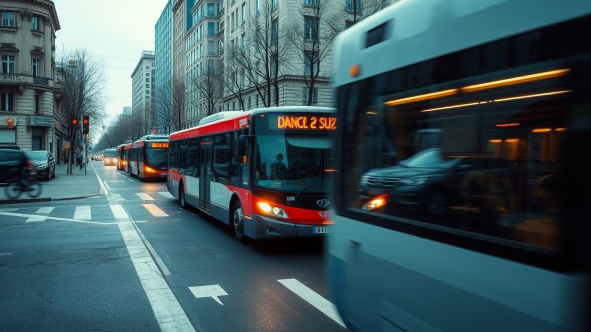 scènes de voyage urbain avec bus et métro en mouvement , effets de miroir et reflets aquatiques
