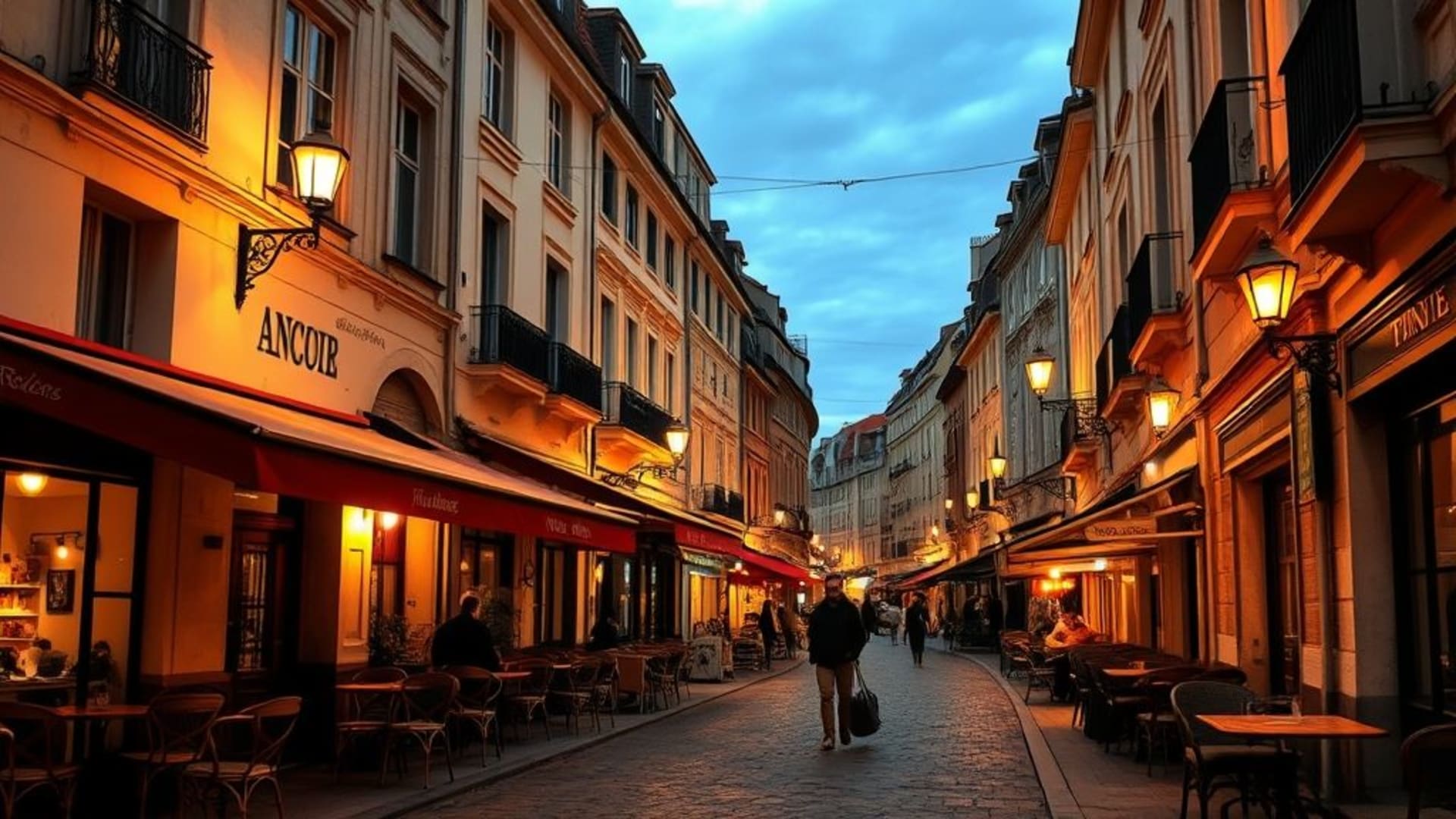 rues anciennes pavées avec cafés et lampadaires vintage