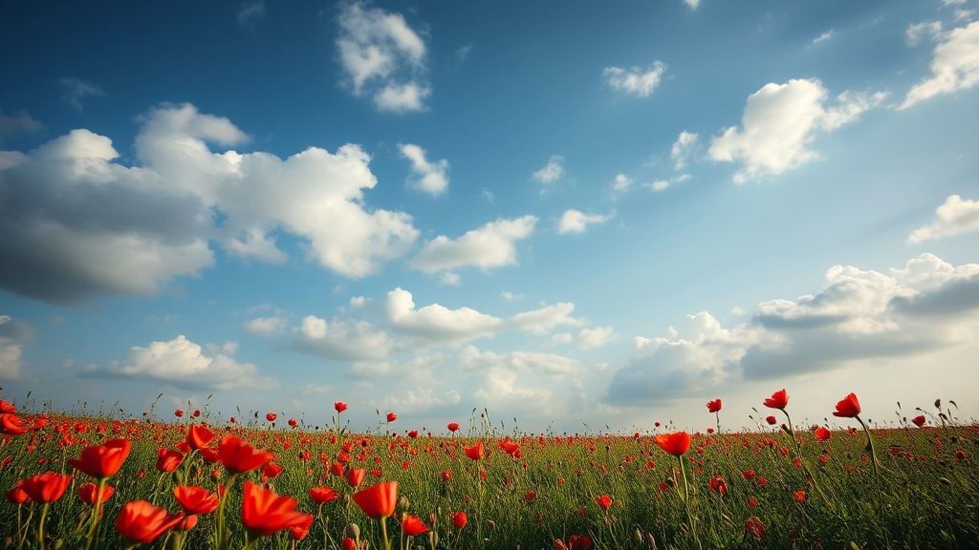 champ de coquelicots sous un ciel nuageux dramatique