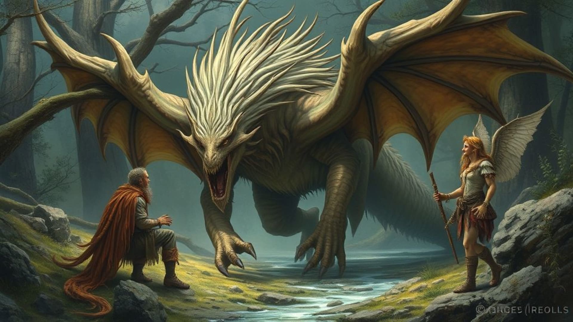 créatures mythiques ou fantastiques intégrées dans des paysages féériques