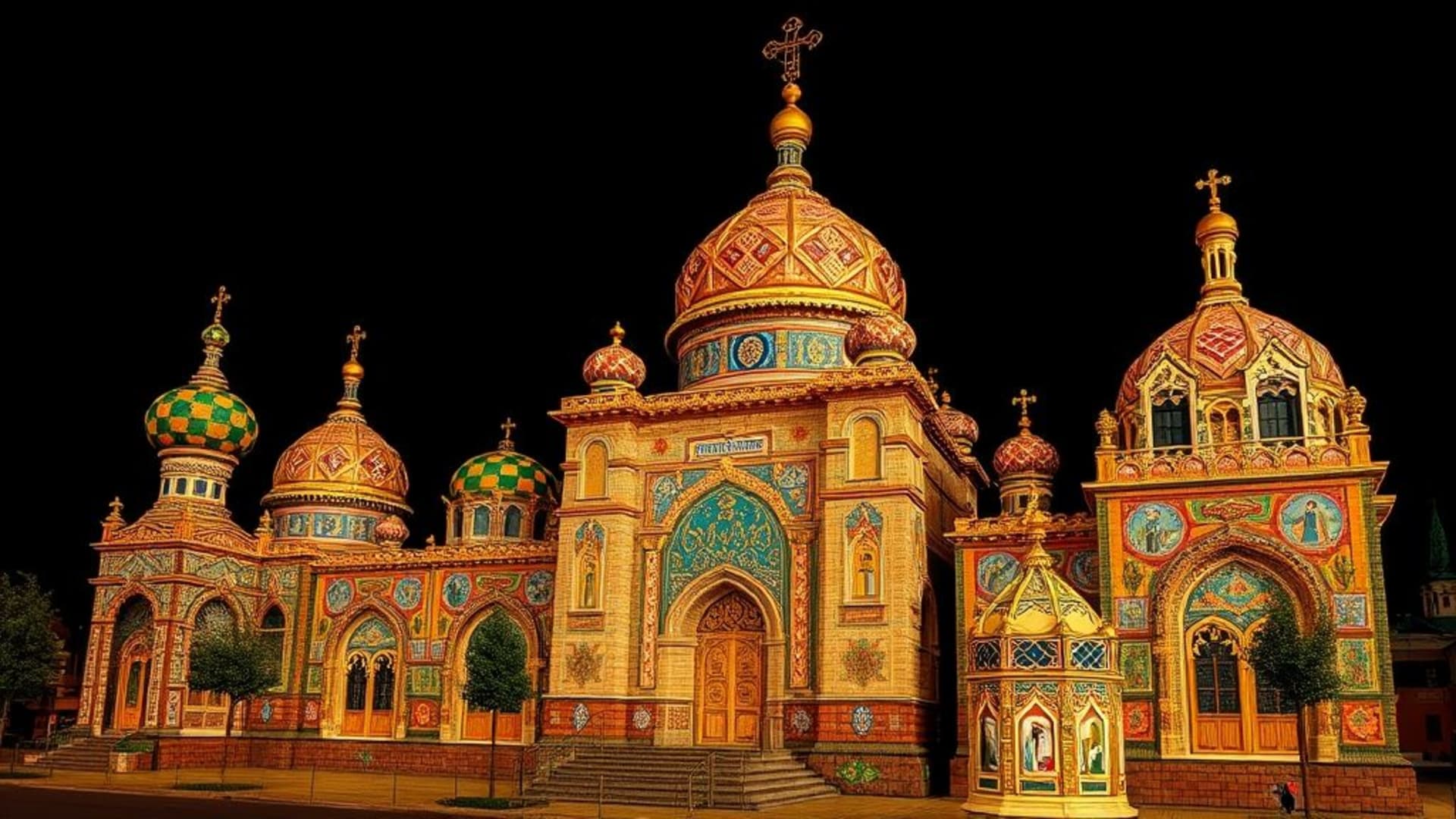 bâtiments byzantins avec dômes en or et mosaïques multicolores