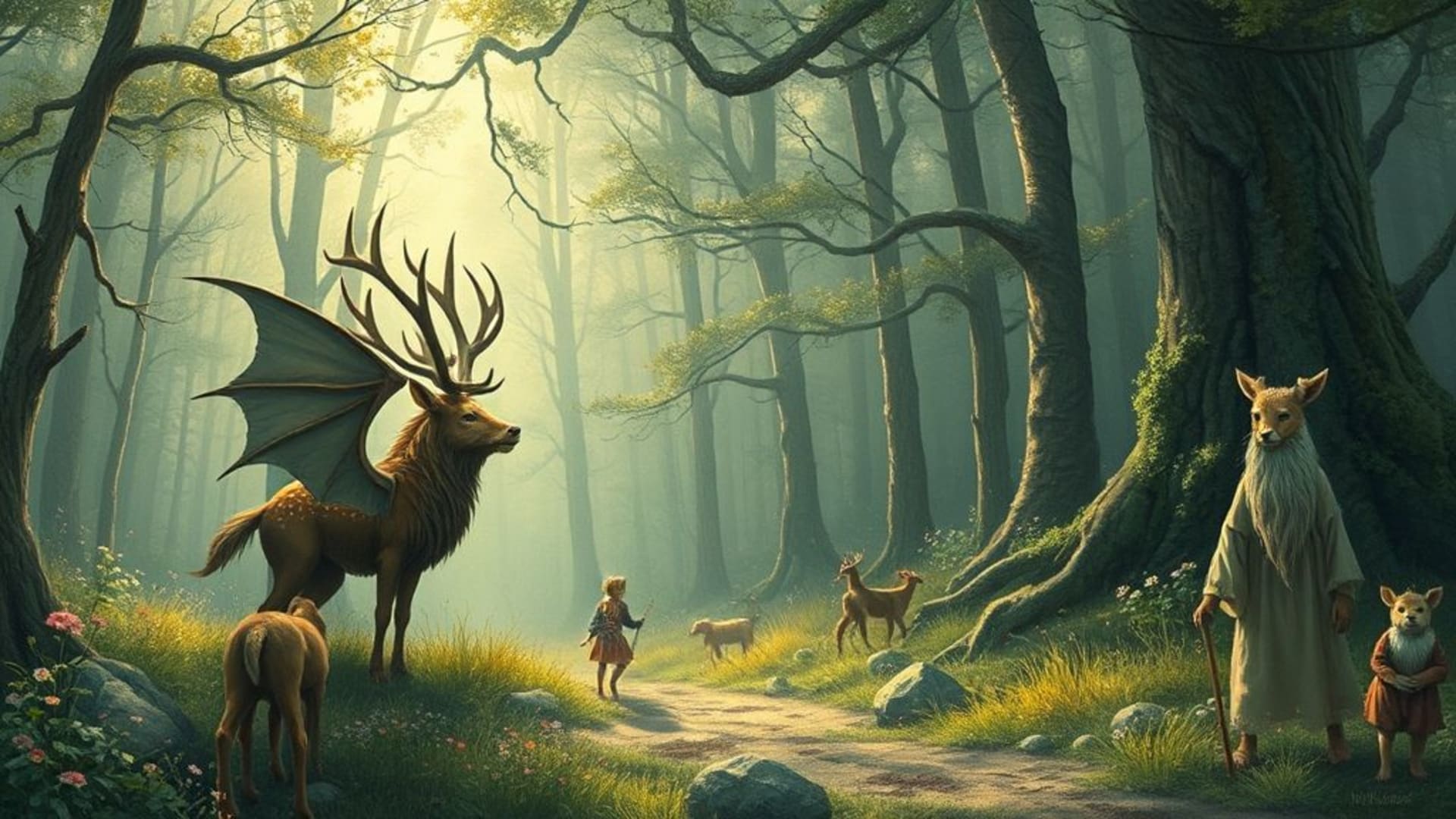 scènes féeriques avec animaux mythiques dans des forêts enchantées.