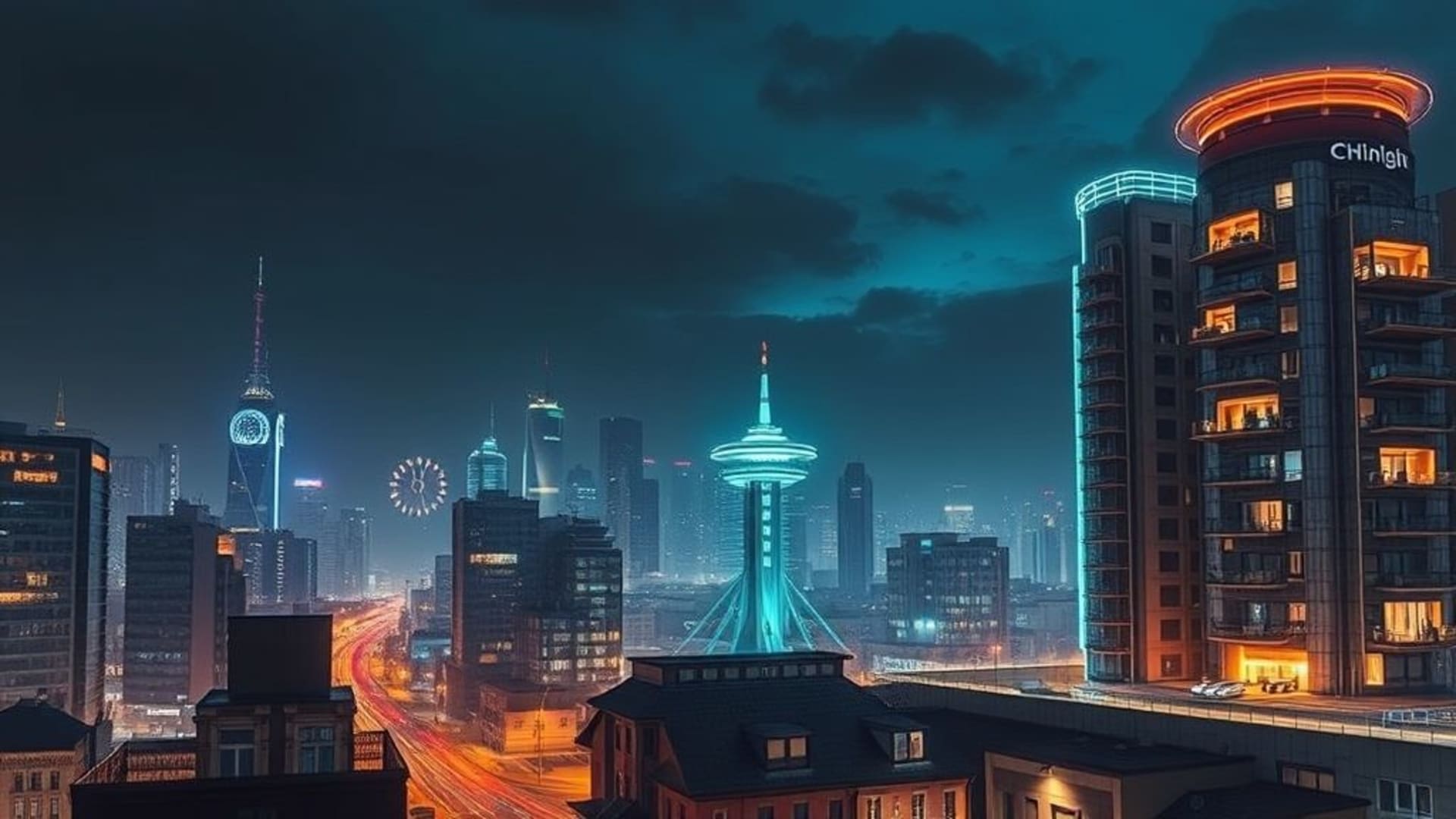 villes futuristes néon la nuit avec immeubles lumineux