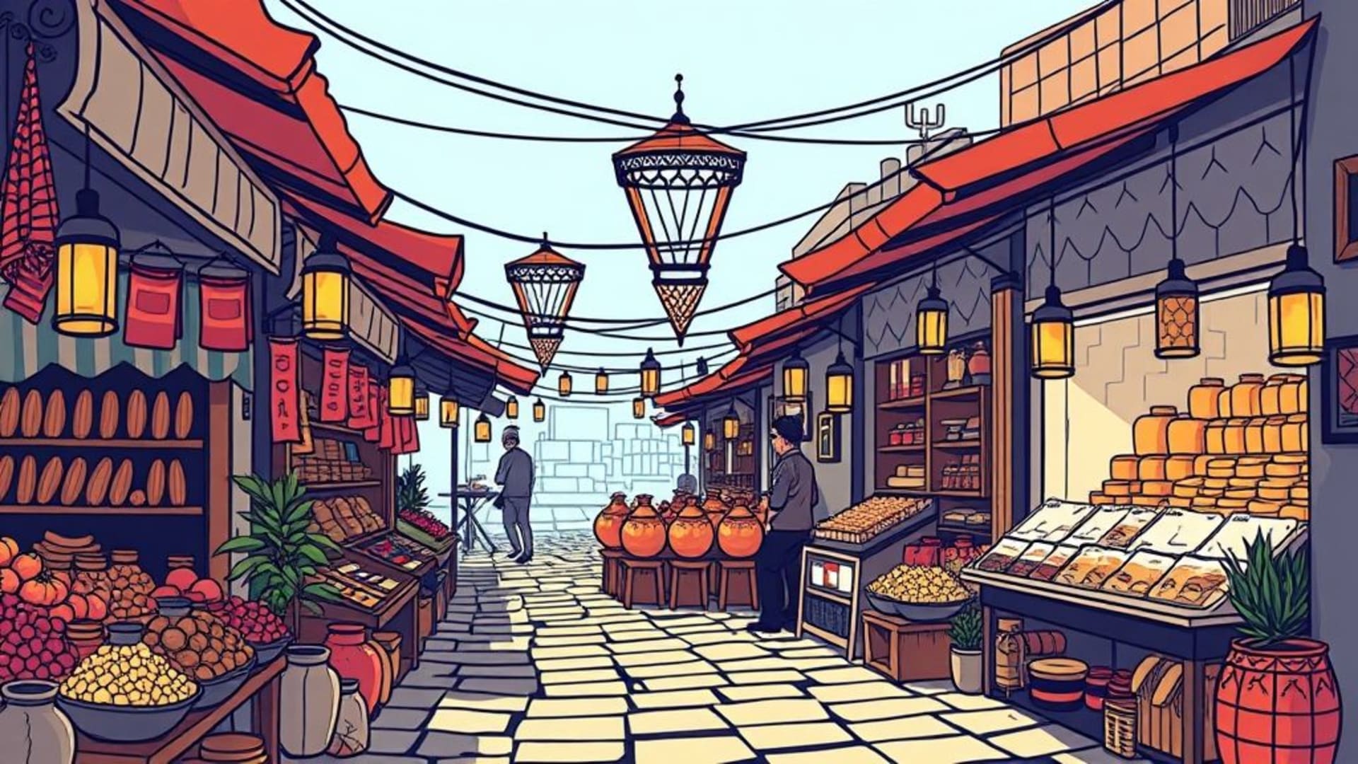 scènes de marché oriental coloré avec épices et tissus