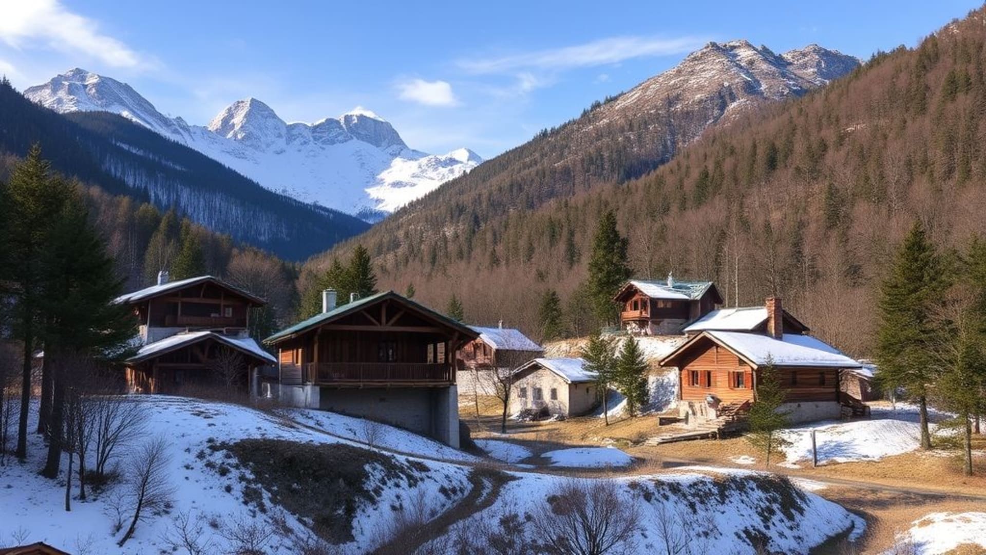 paysages montagnards enneigés avec cabanes en bois traditionnelles