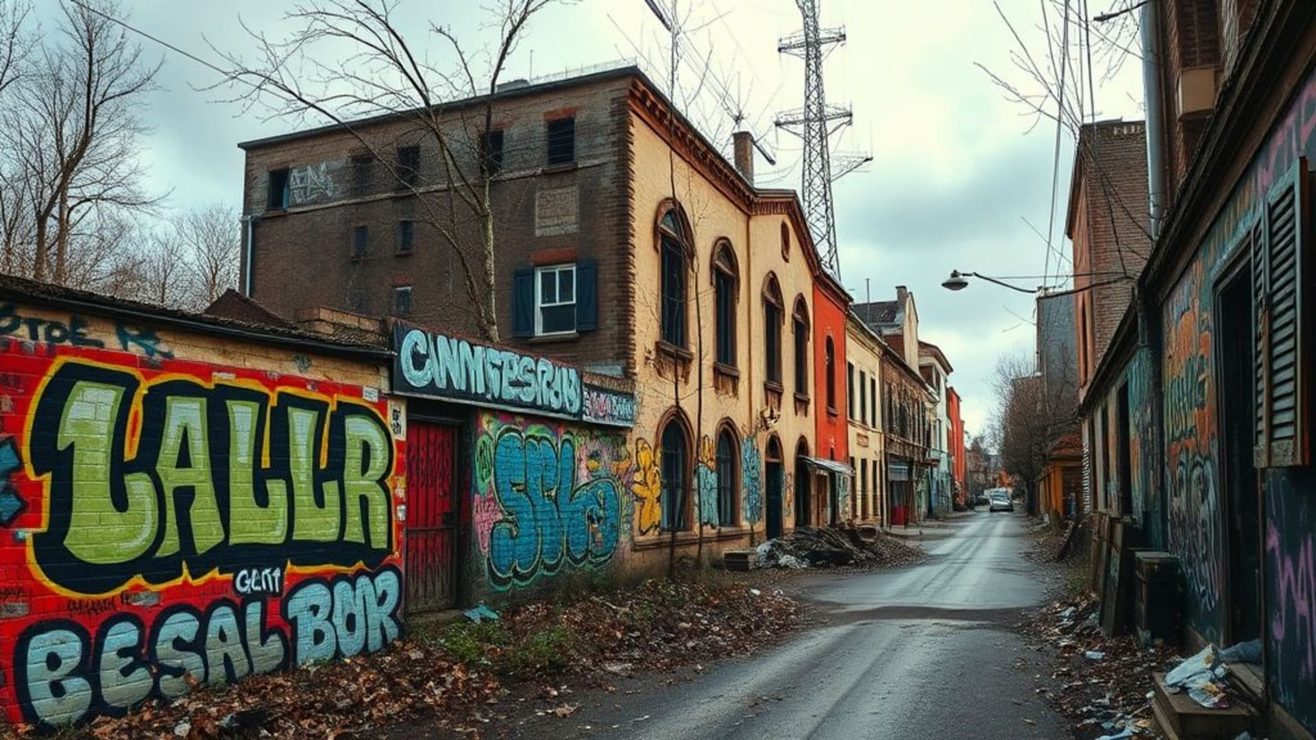 villes abandoned avec graffiti artistique et ambiance post-apocalyptique