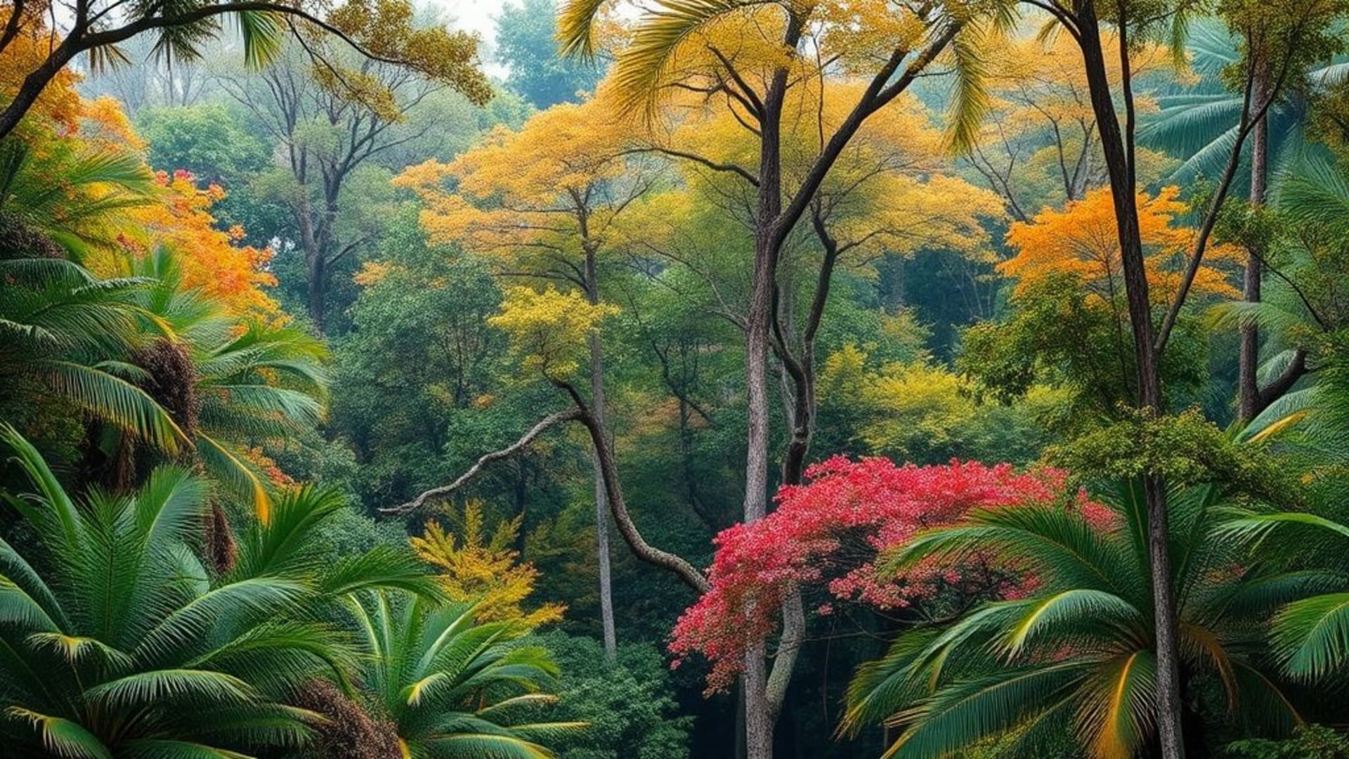 forêts tropicales luxuriantes avec érables colorés en automne