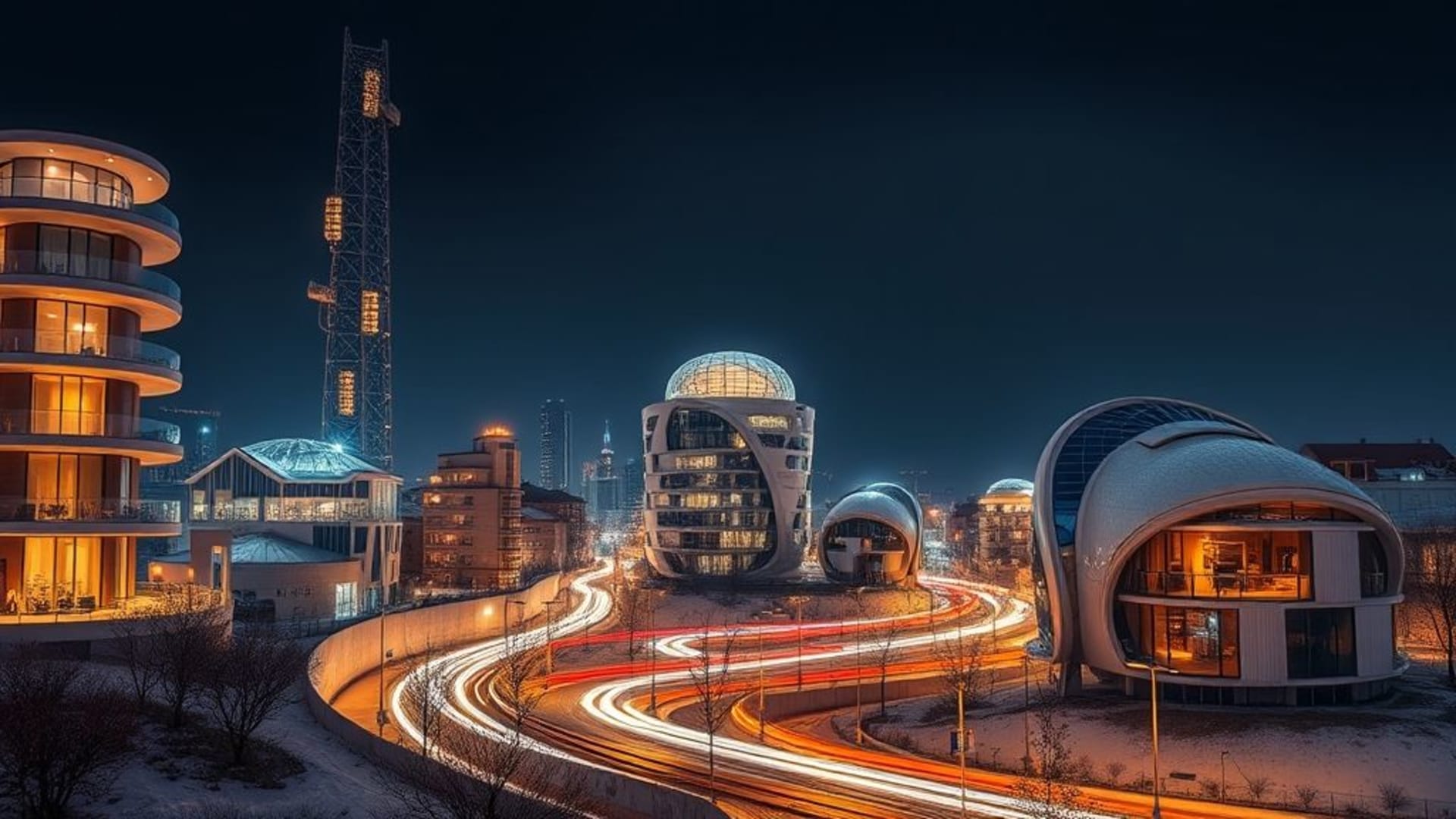 villes futuristes illuminées la nuit avec architecture innovante