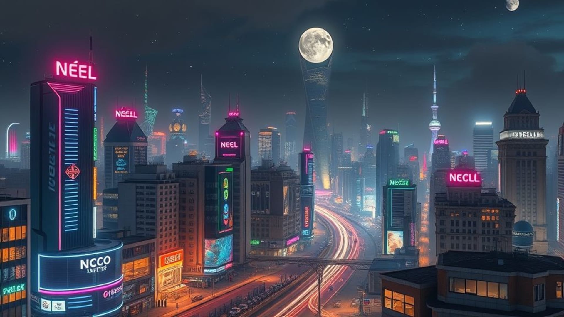 Cités futuristes avec néons colorés la nuit