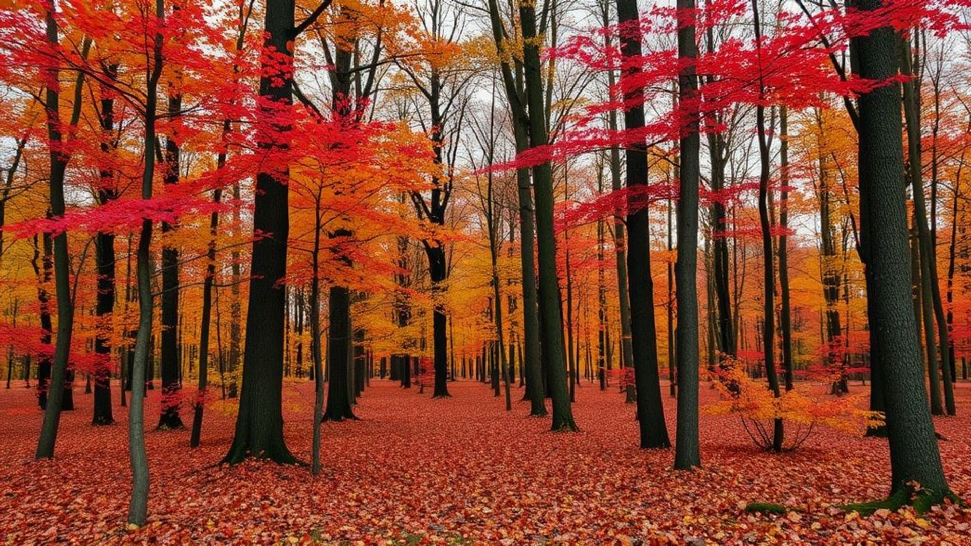 forêt d’automne avec feuilles rouges et sentiers sinueux