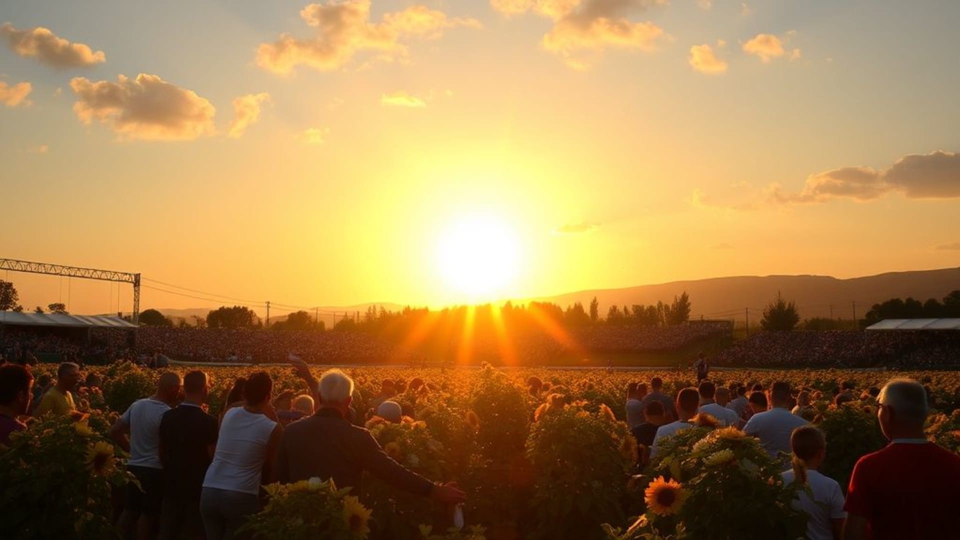 champs de tournesols qui tournent vers le soleil couchant
