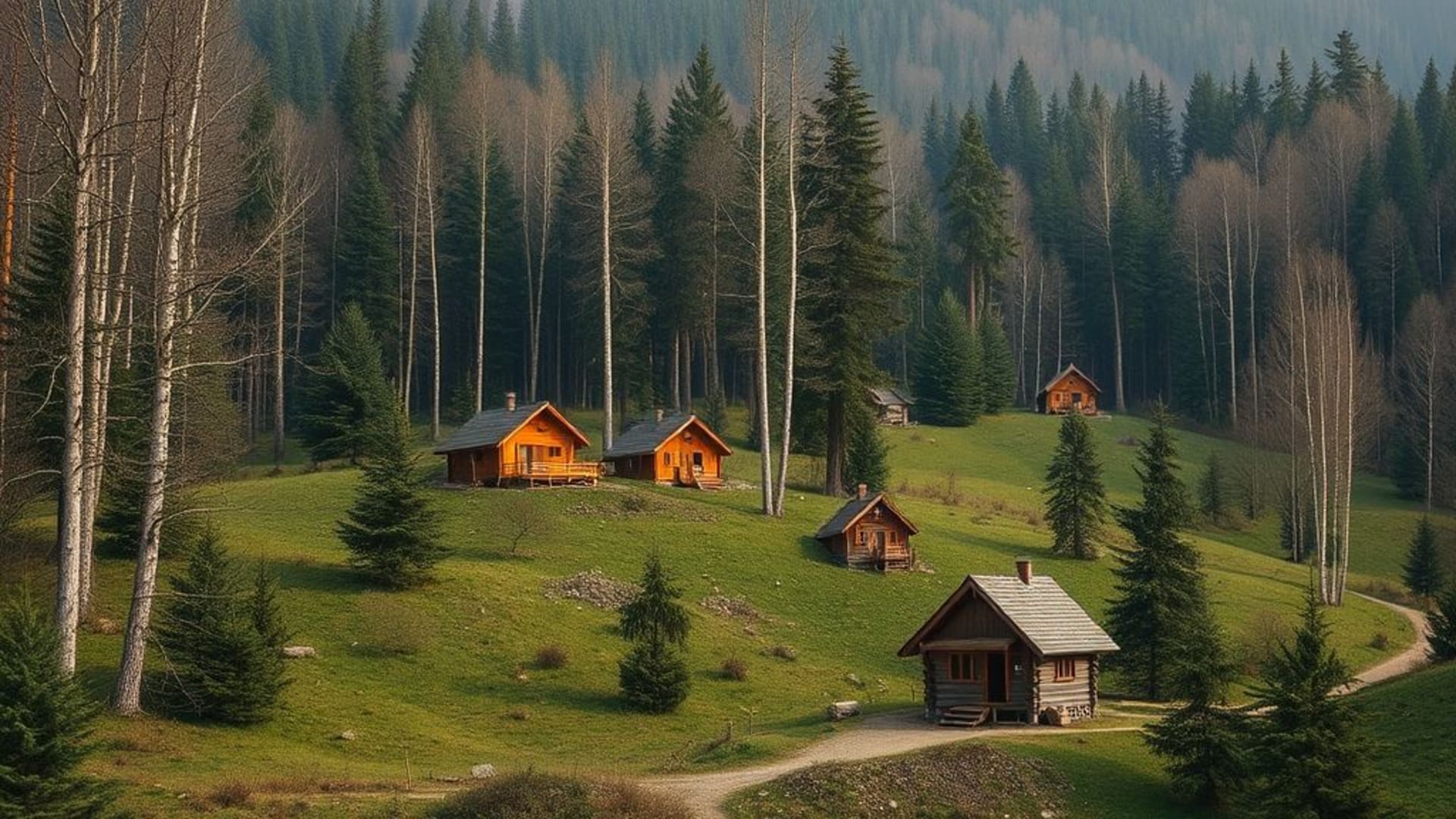 paysages enneigés avec cabanes en bois et cheminée fumante