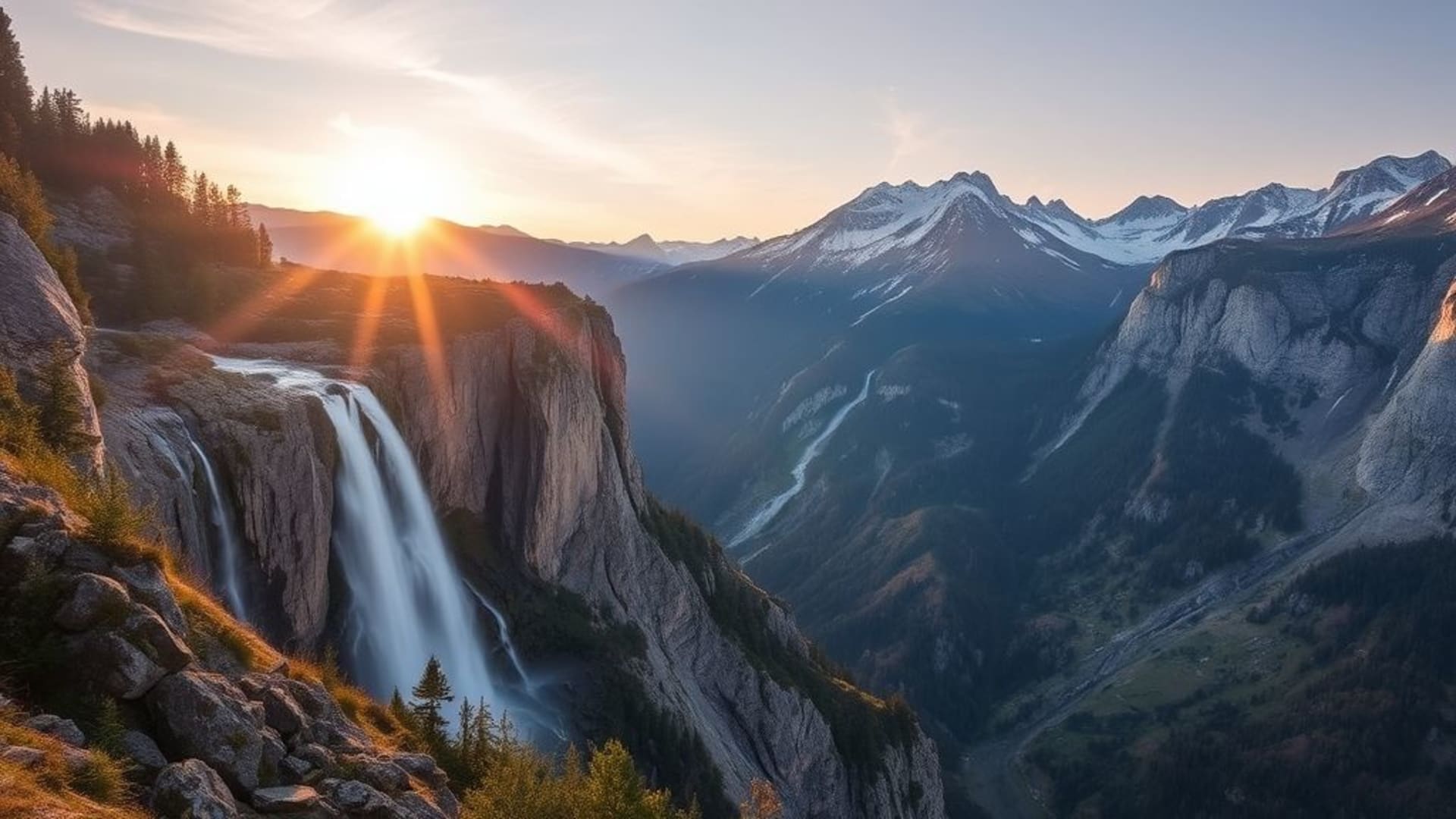 cascade de montagnes enneigées couleurs pastel au coucher du soleil