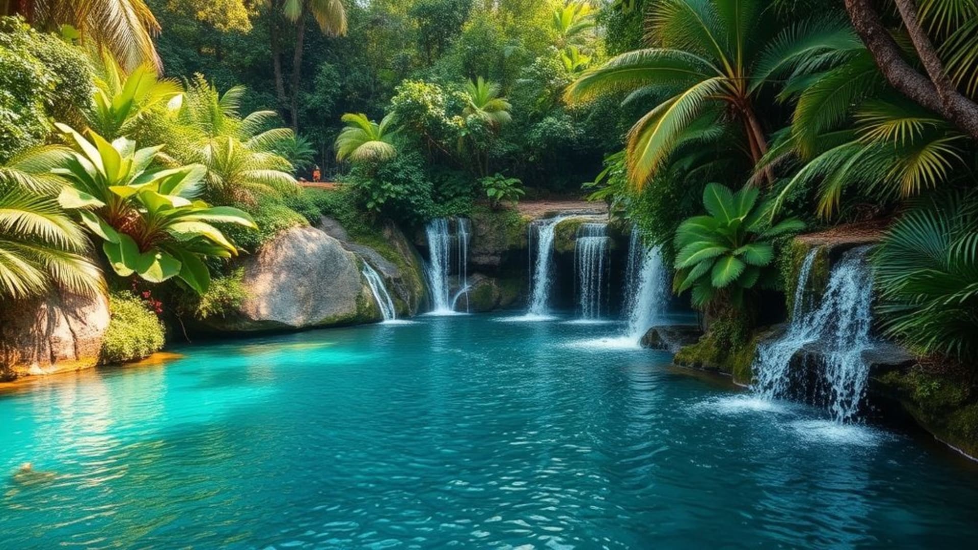 forêt tropicale luxuriante avec eaux turquoise et cascades cristallines