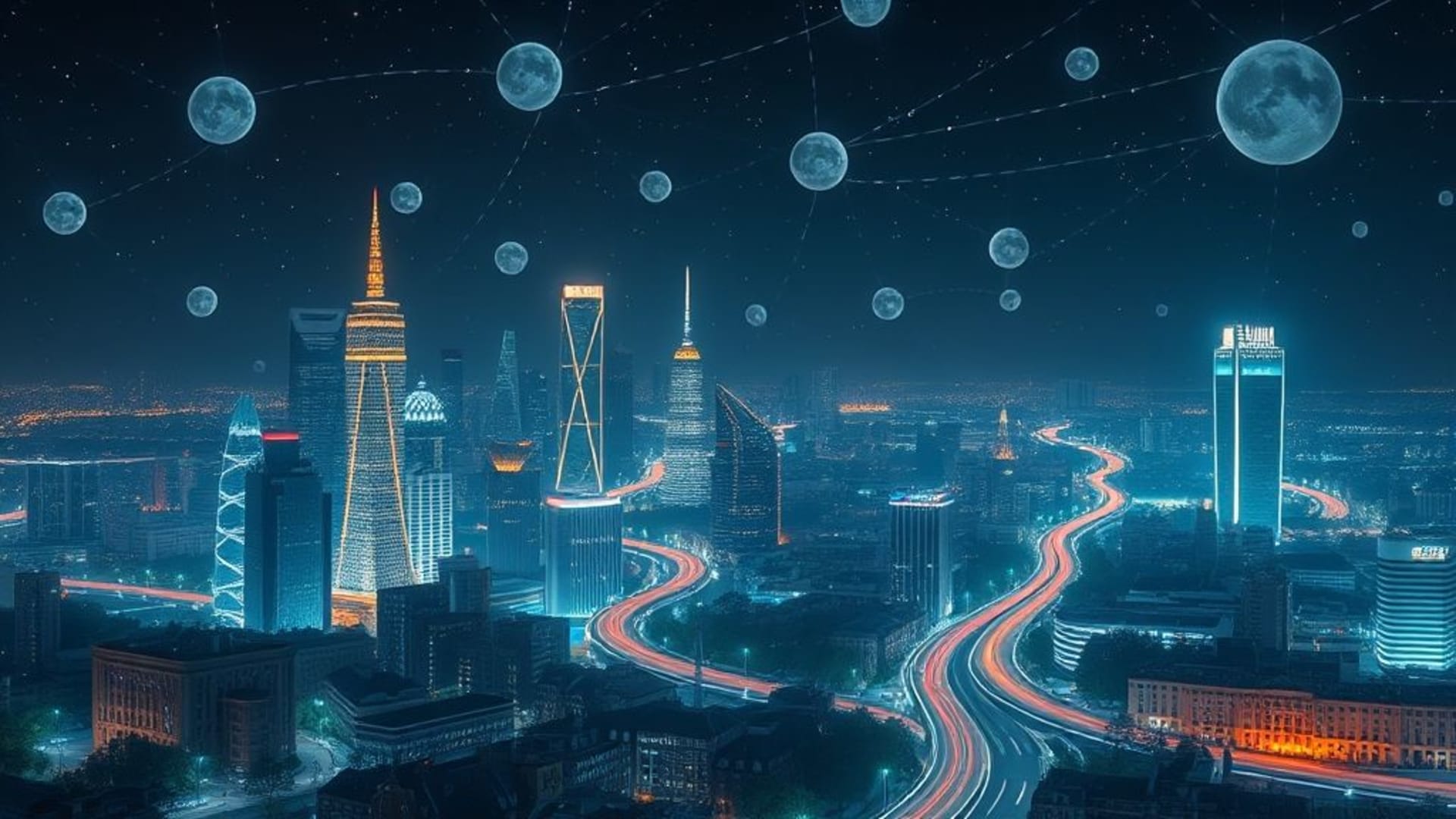 ville futuriste néon la nuit avec gratte-ciels illuminés et routes animées