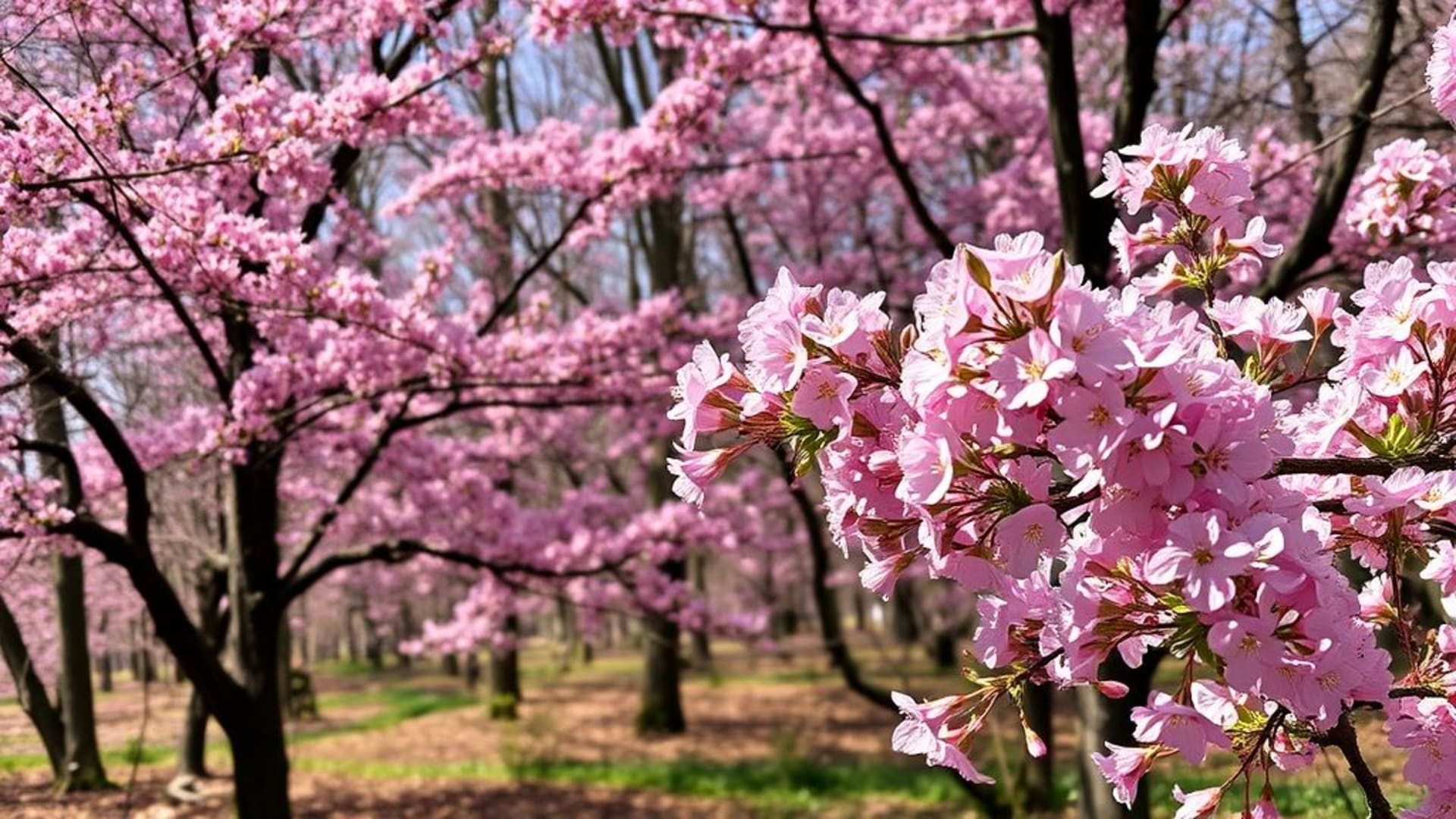 forêt de cerisiers en floraison au printemps vibrant de couleurs
