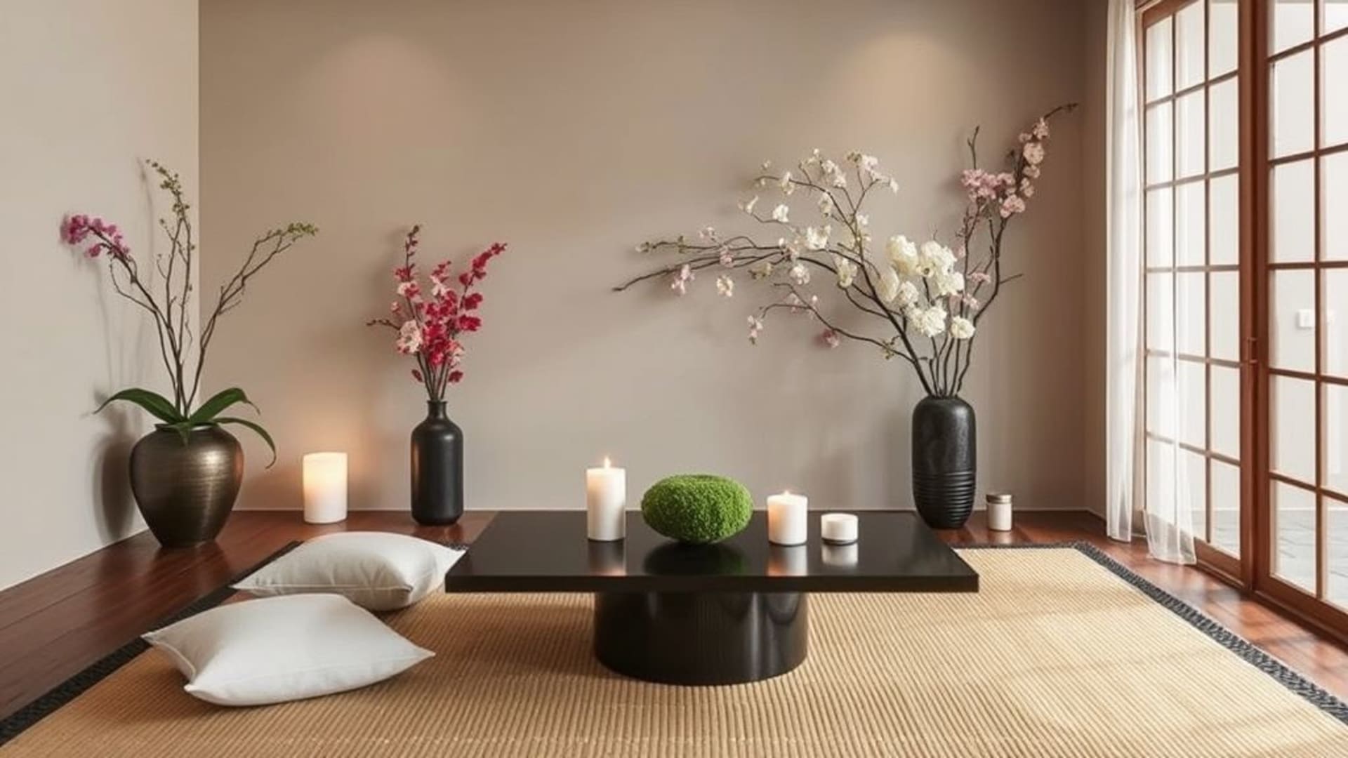 ambiance zen avec décoration japonaise minimaliste et cerisiers en fleurs