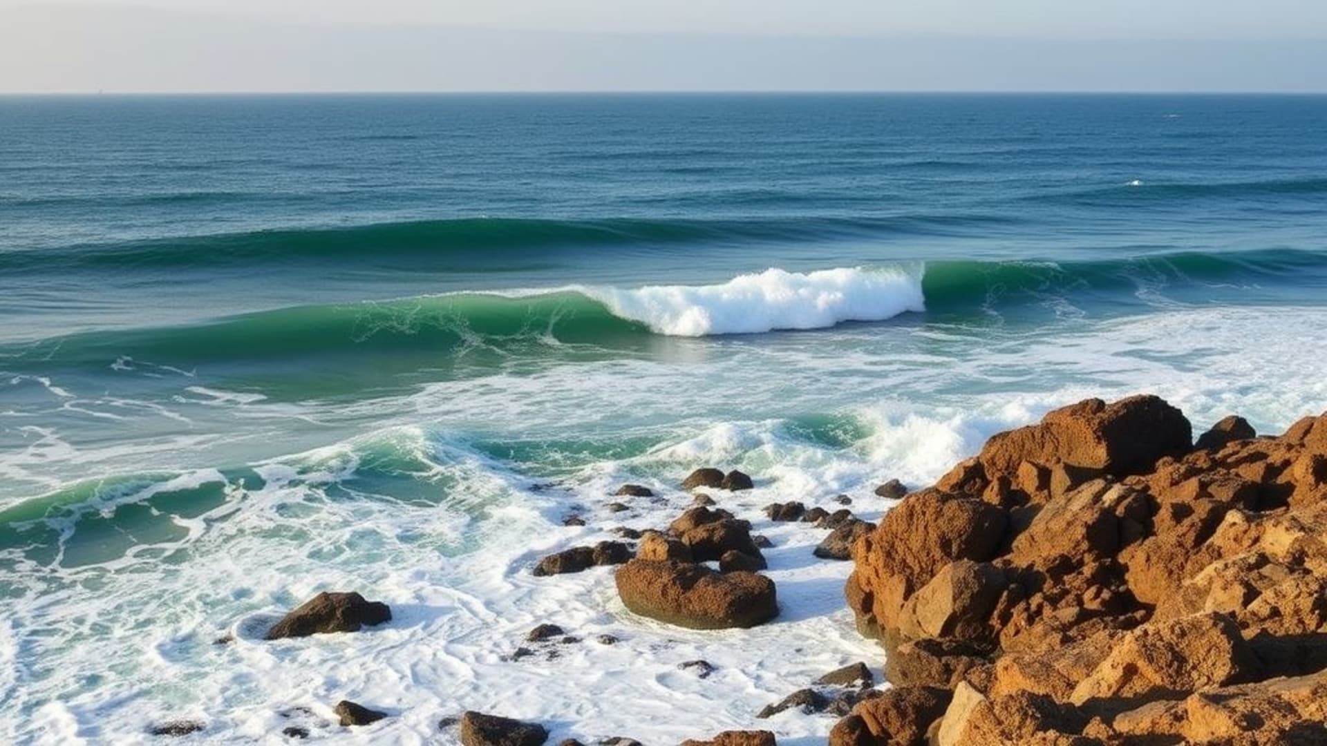 vagues océaniques déchaînées et crêtes rocheuses sous un ciel orageux