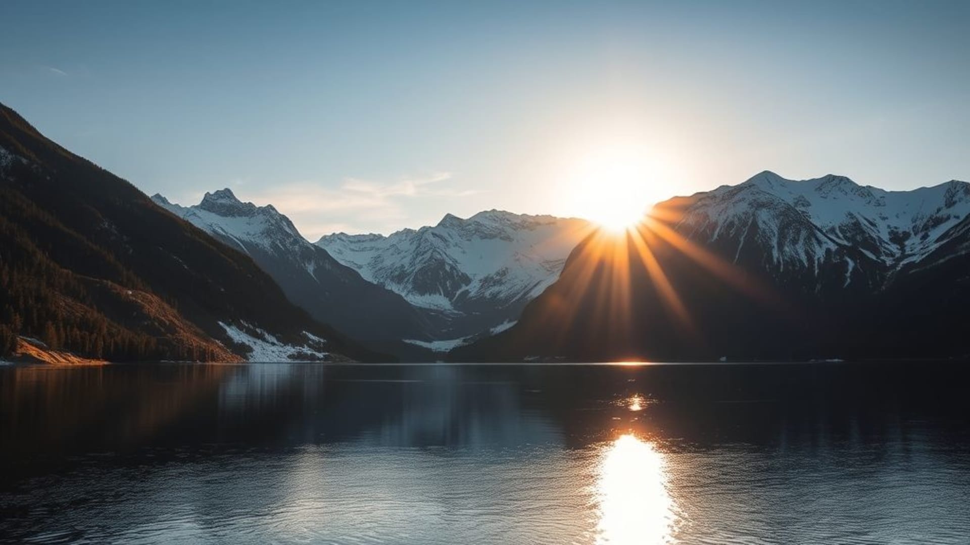 coucher de soleil sur montagne enneigée avec reflet dans lac calme